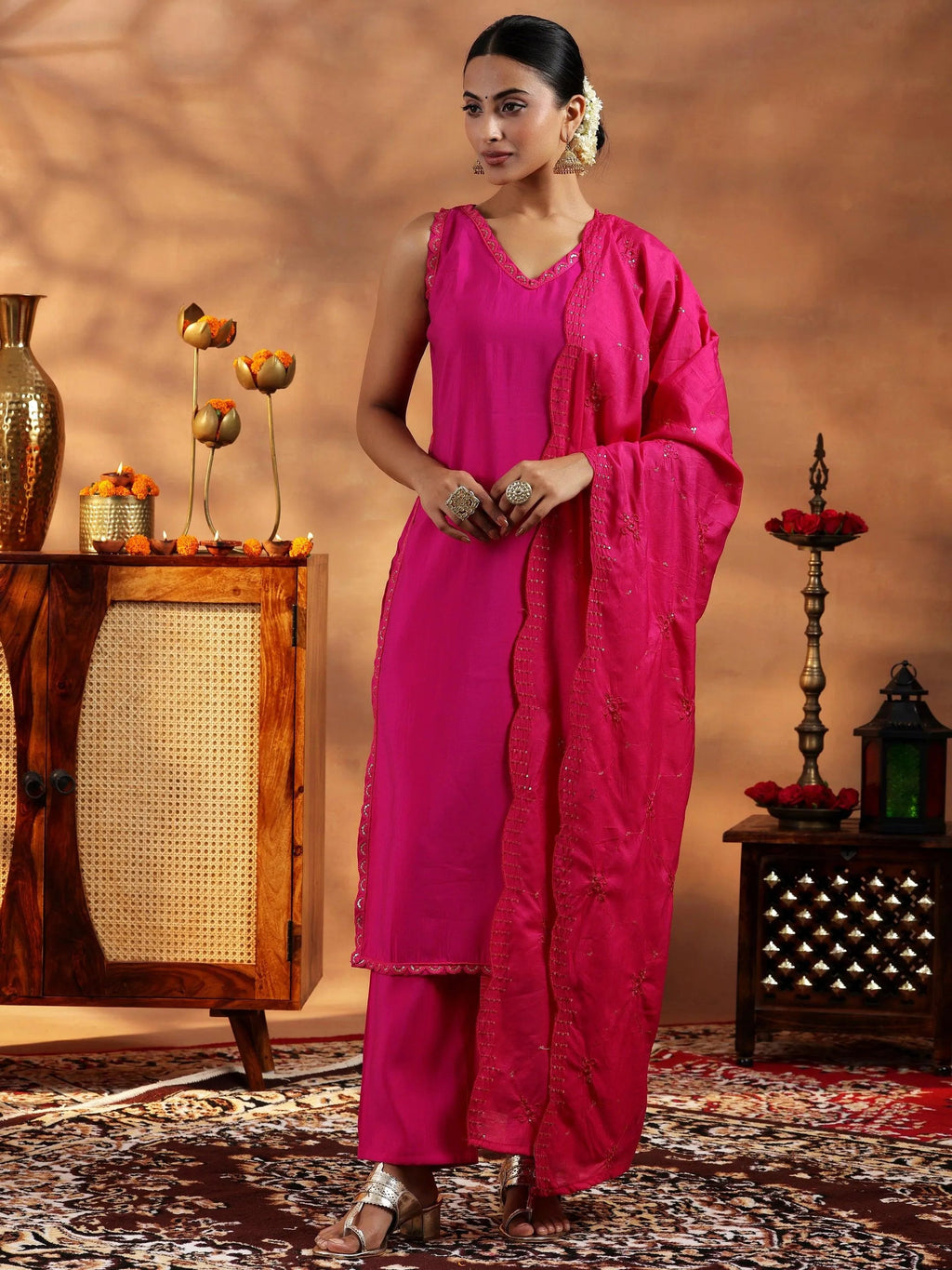 Pink Solid Silk Blend Straight Suit With Dupatta