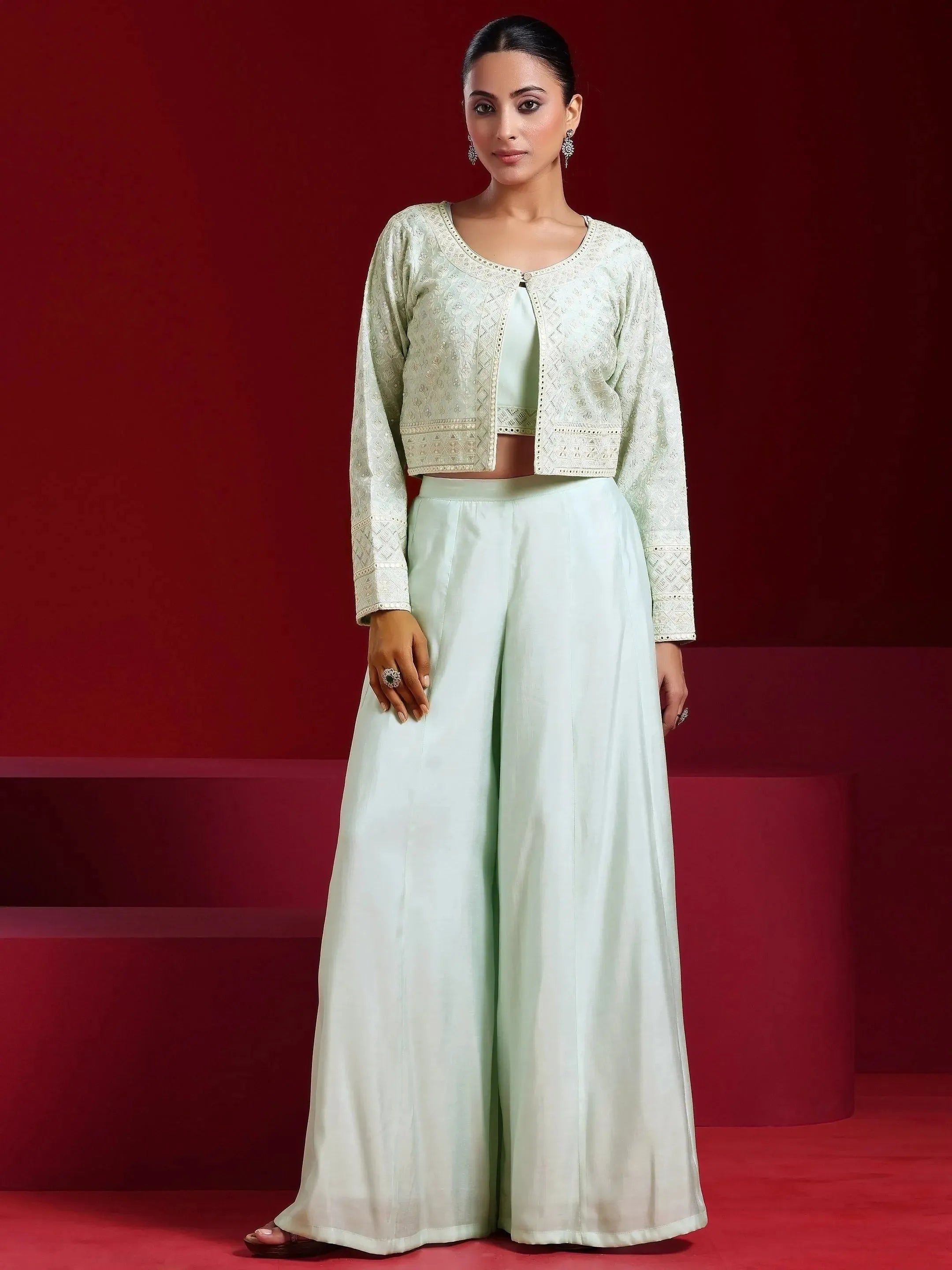 Libas Art Sea Green Solid Silk Blend 3 Piece Co-Ords