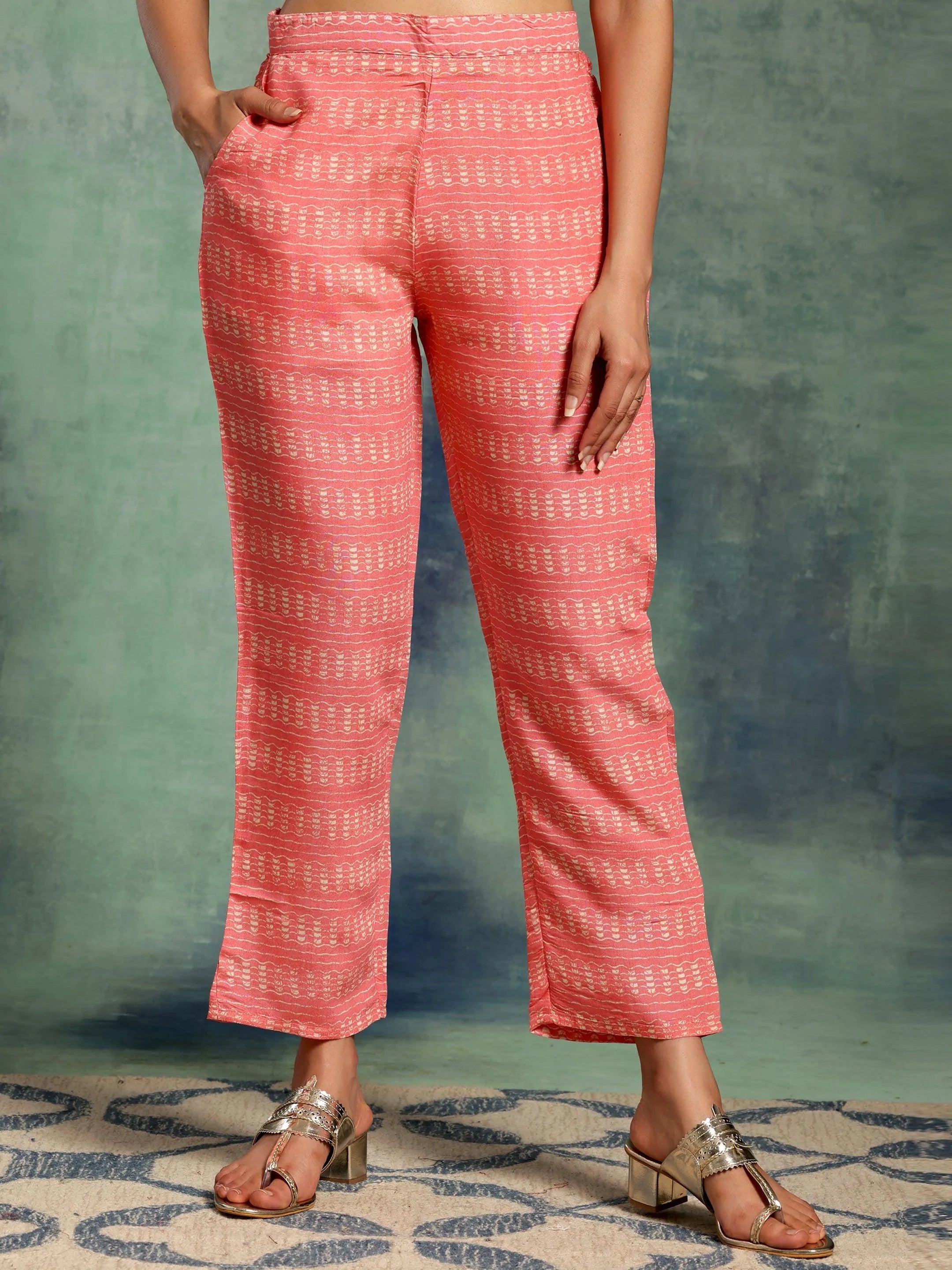 Peach Printed Silk Blend Straight Kurta Set