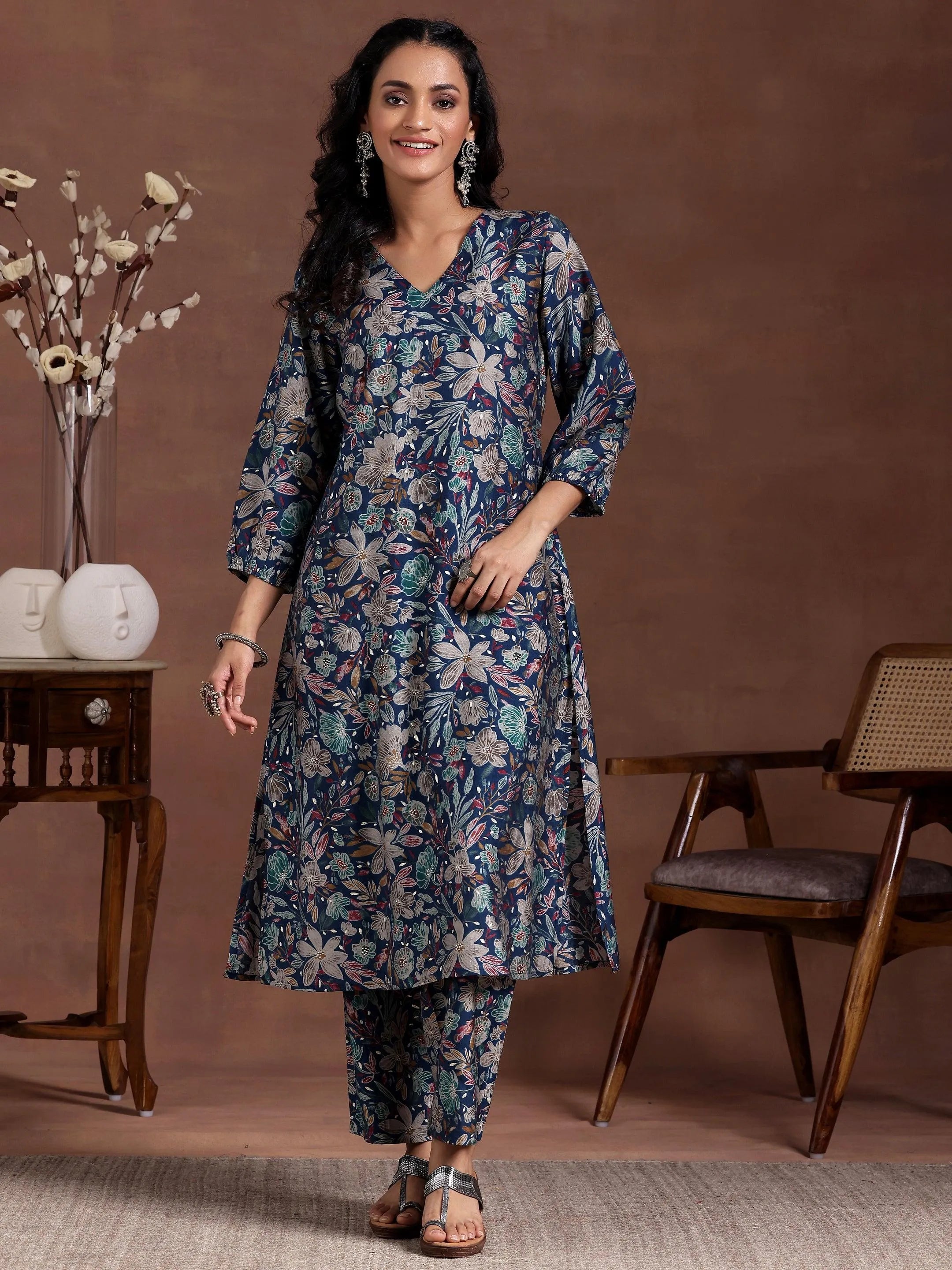 Blue Printed Silk Blend Co-Ords
