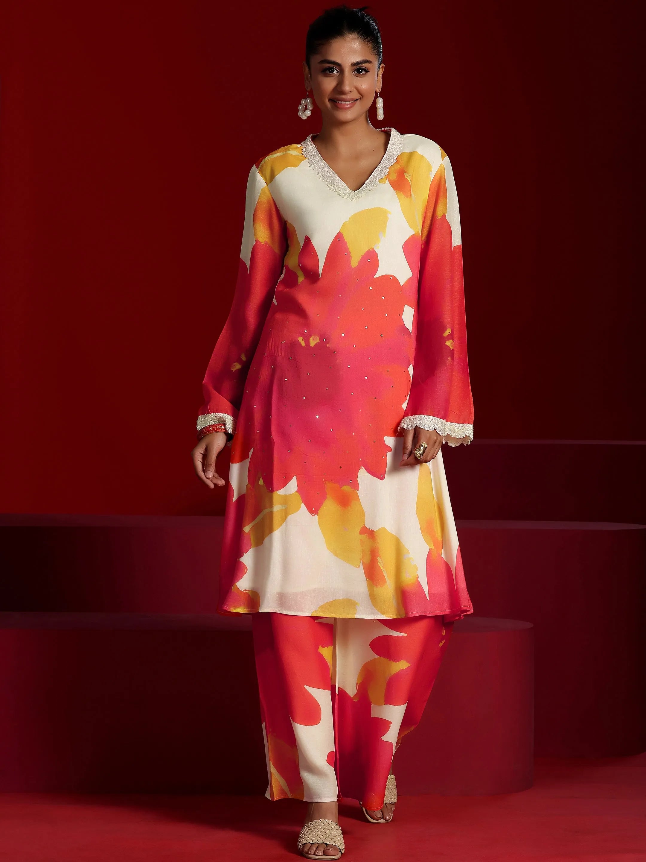 Libas Art Off White Printed Cotton Blend Co-Ords