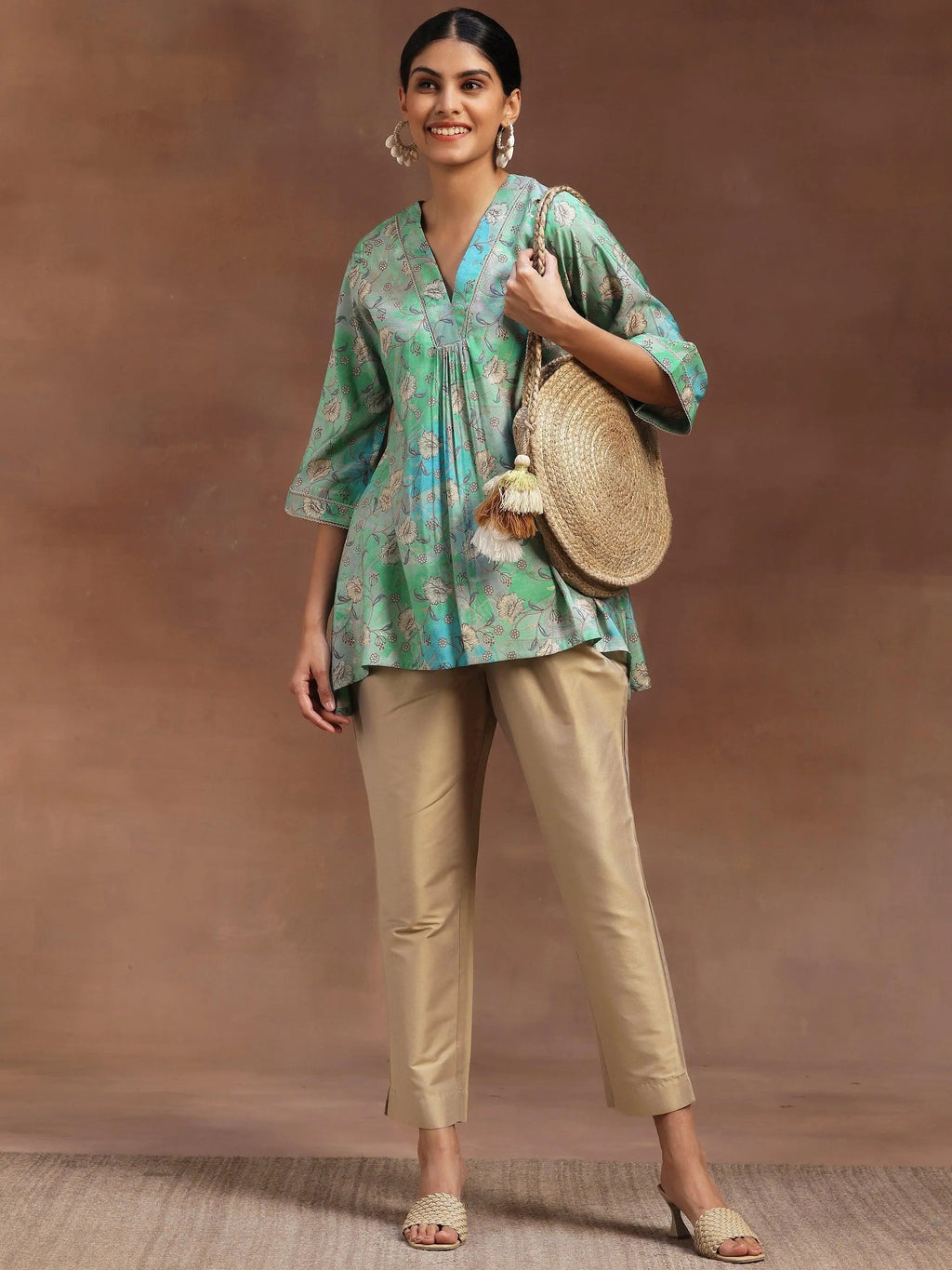 Green Printed Silk Blend A-Line Kurti