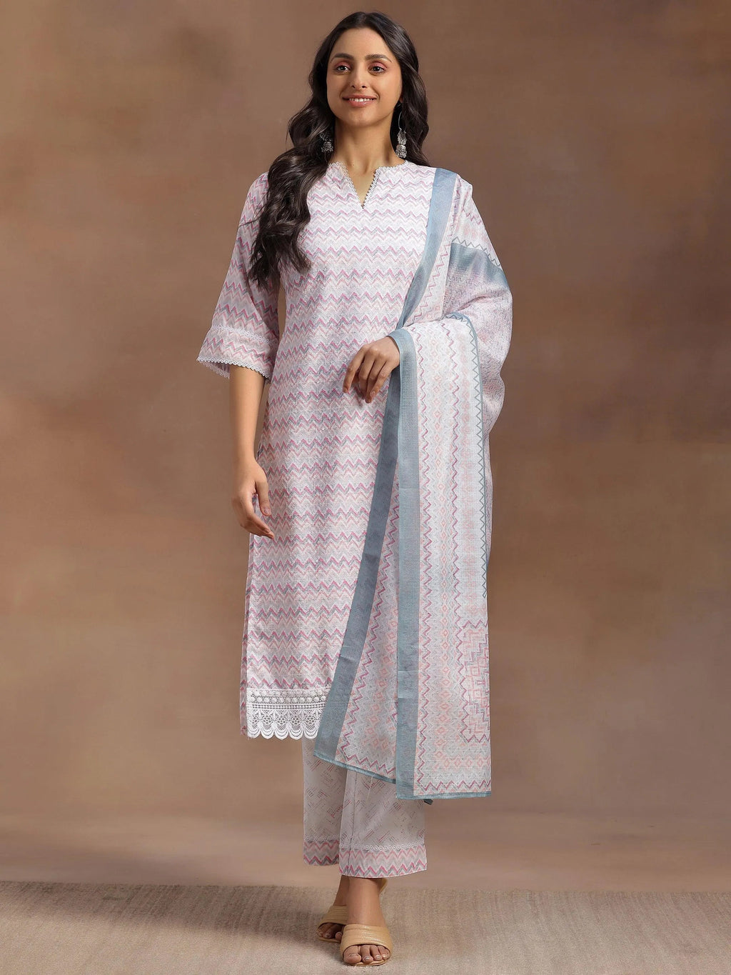 Pink Embroidered Cotton Blend Straight Suit With Dupatta