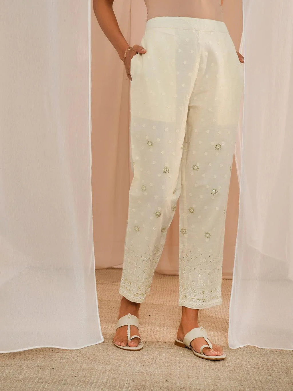 Off White Embroidered Cotton Straight Suit With Dupatta