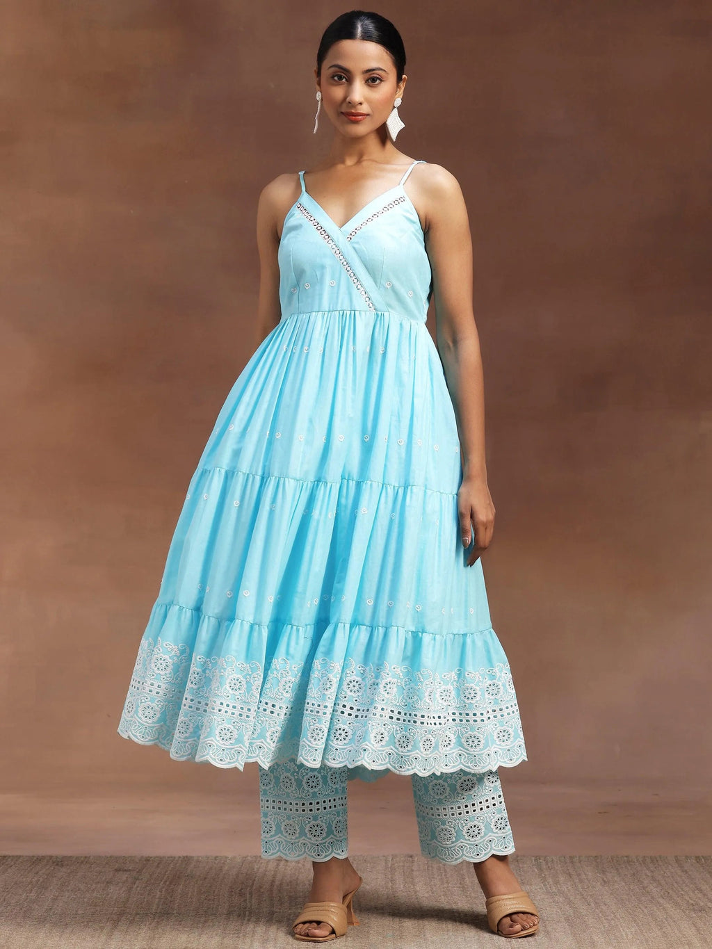 Blue Self Design Cotton Anarkali Kurta With Trousers