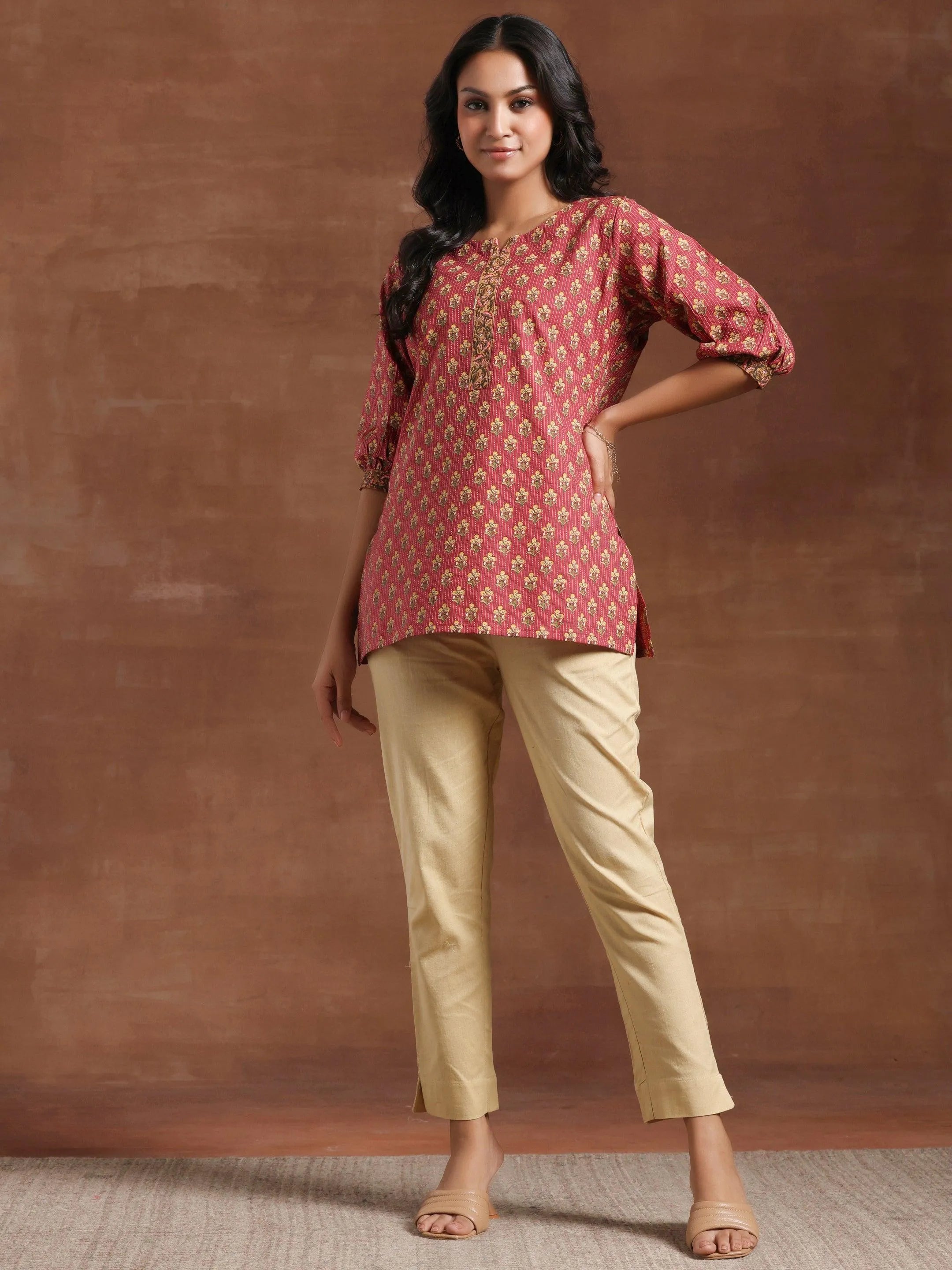 Pink Printed Cotton Straight Kurti