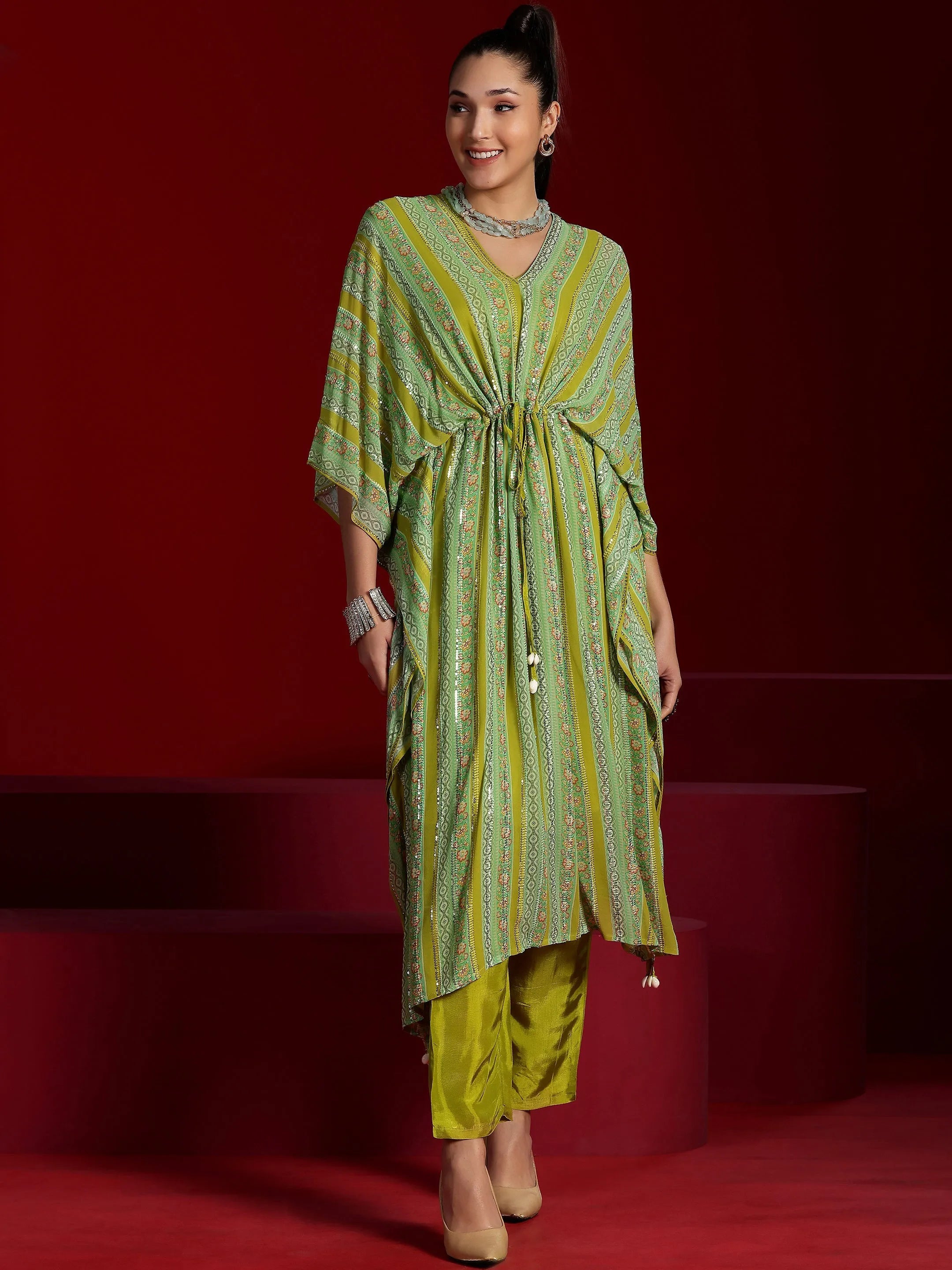 Libas Art Green Printed Poly Georgette 3 Piece Co-Ords