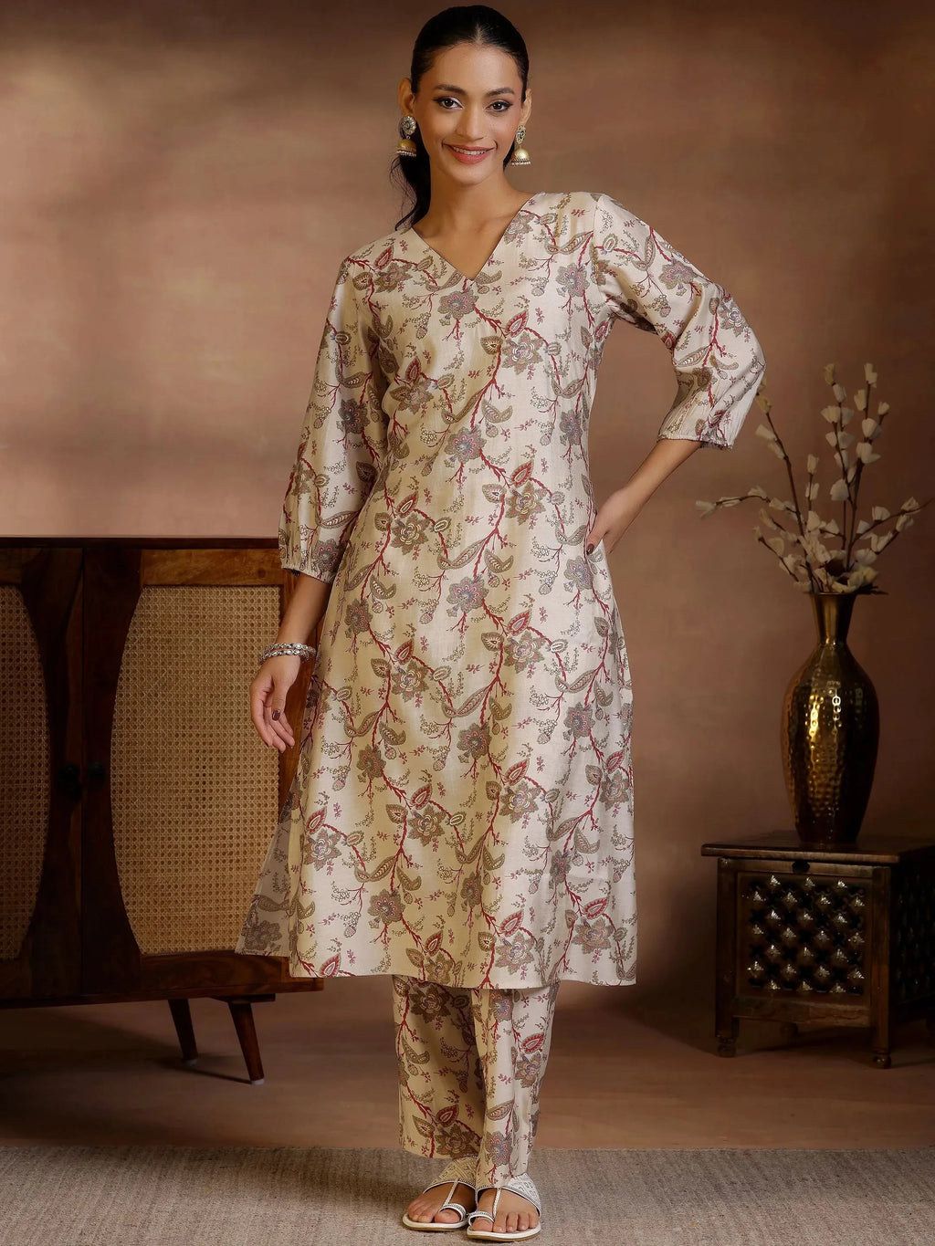 Beige Printed Silk Blend Co-Ords