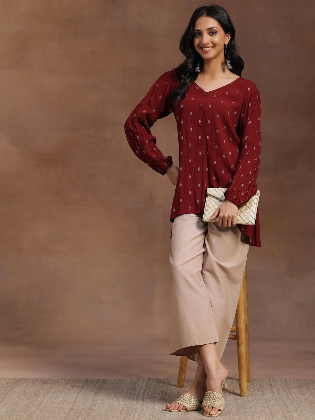 Maroon Woven Design Viscose Rayon A-line Kurti