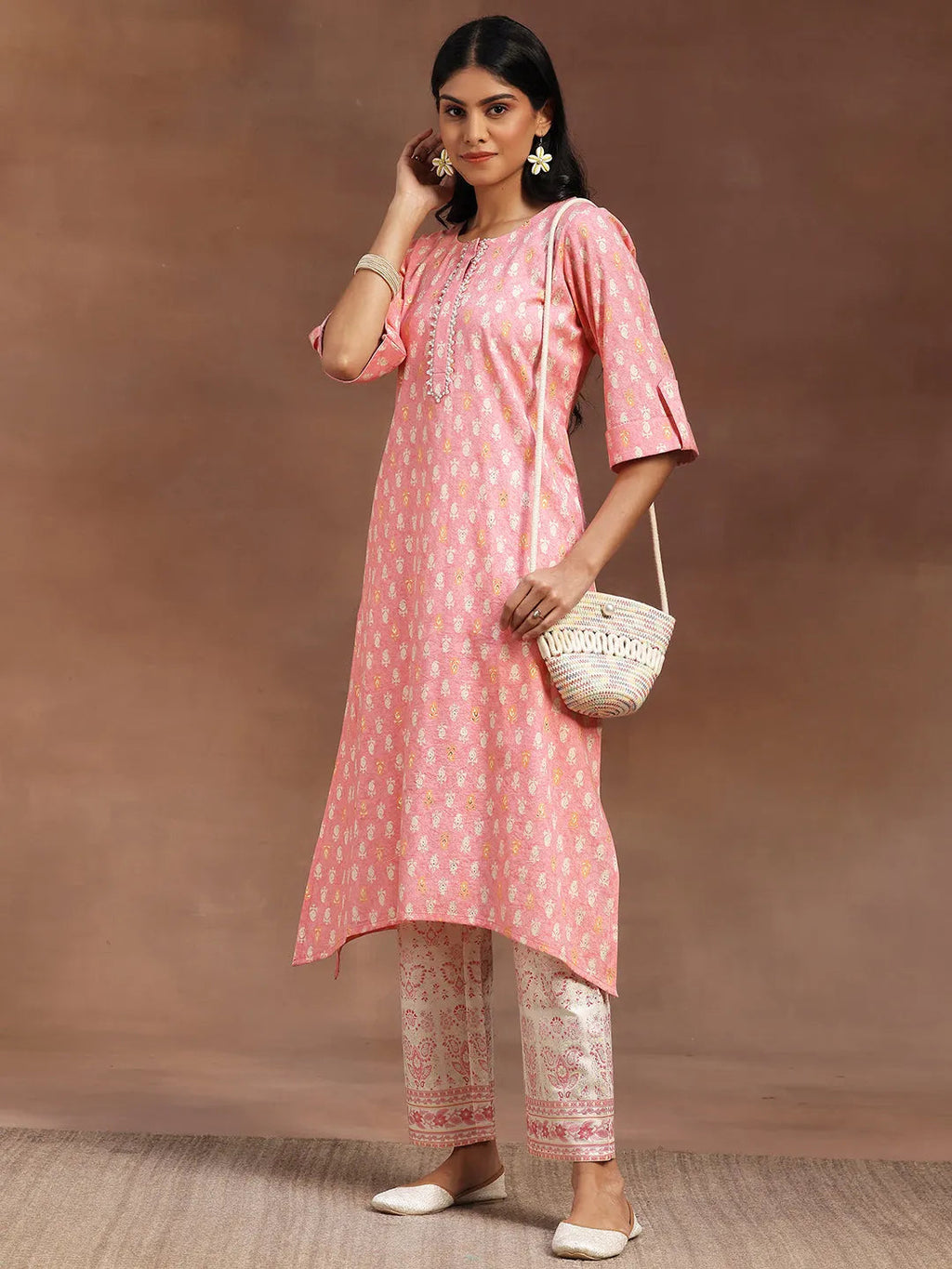 Peach Printed Cotton Blend Straight Kurta With Palazzos