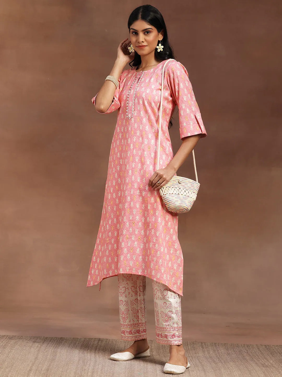 Peach Printed Cotton Blend Straight Kurta With Palazzos