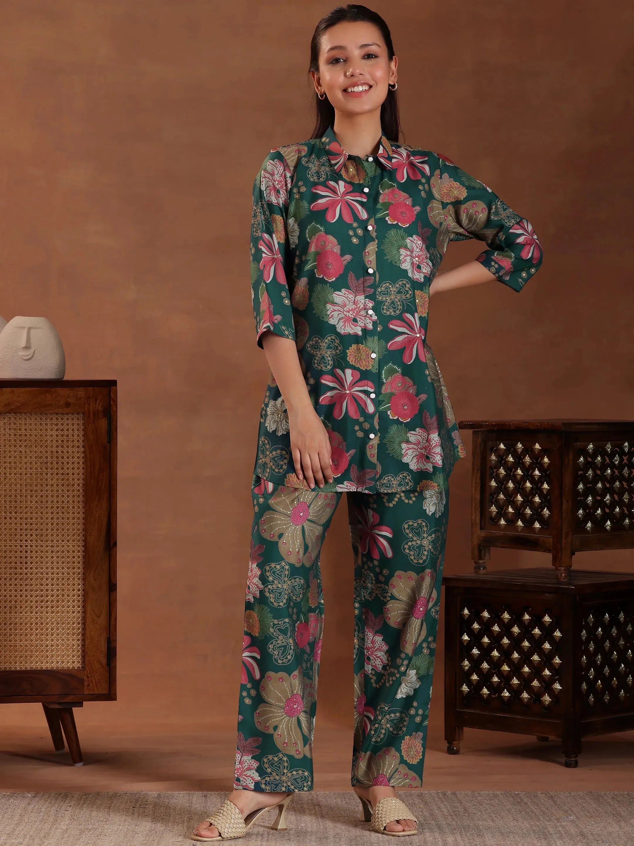 Blue Printed Silk Blend Co-Ords