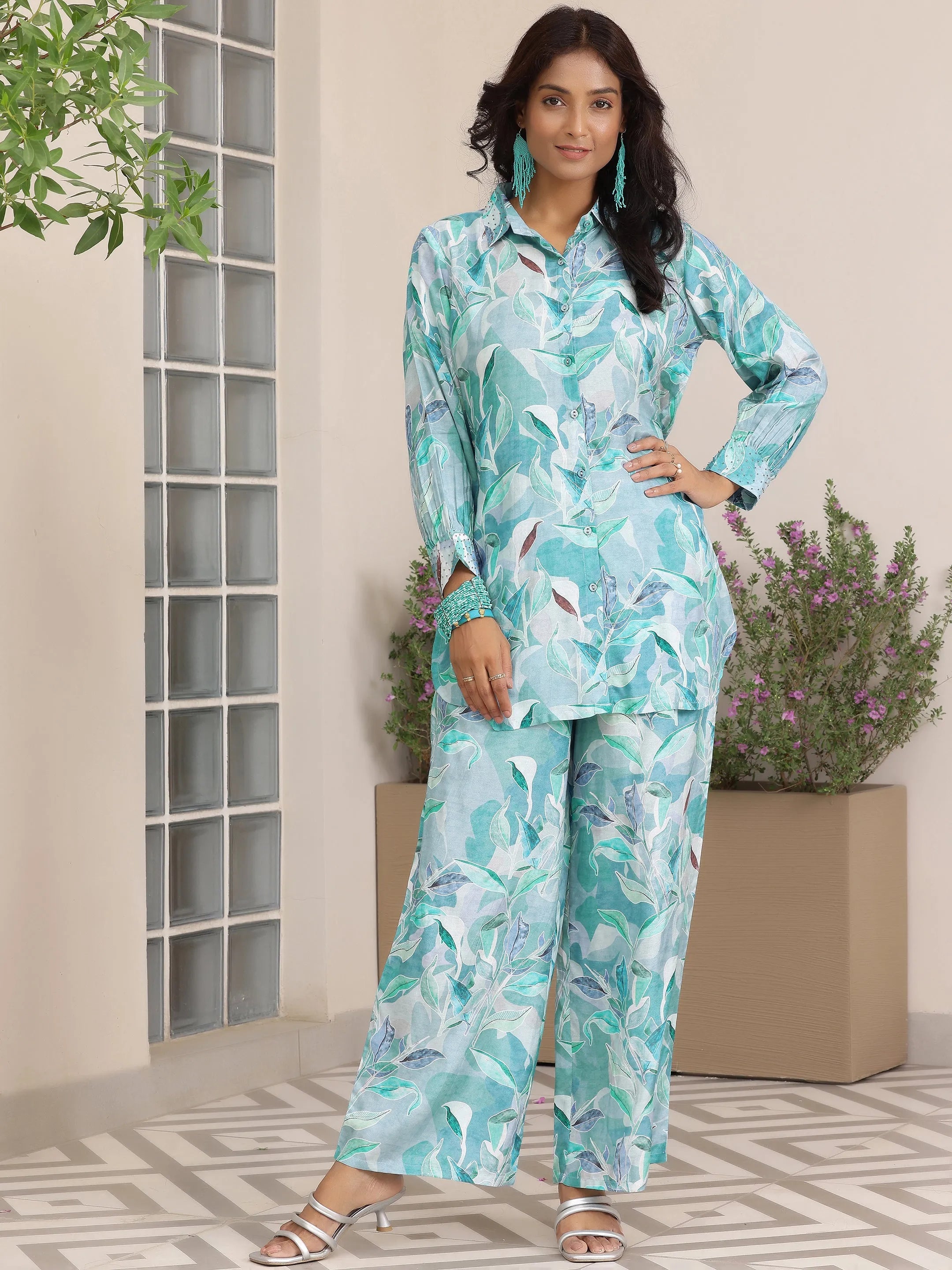 Blue Printed Silk Blend Co-Ords
