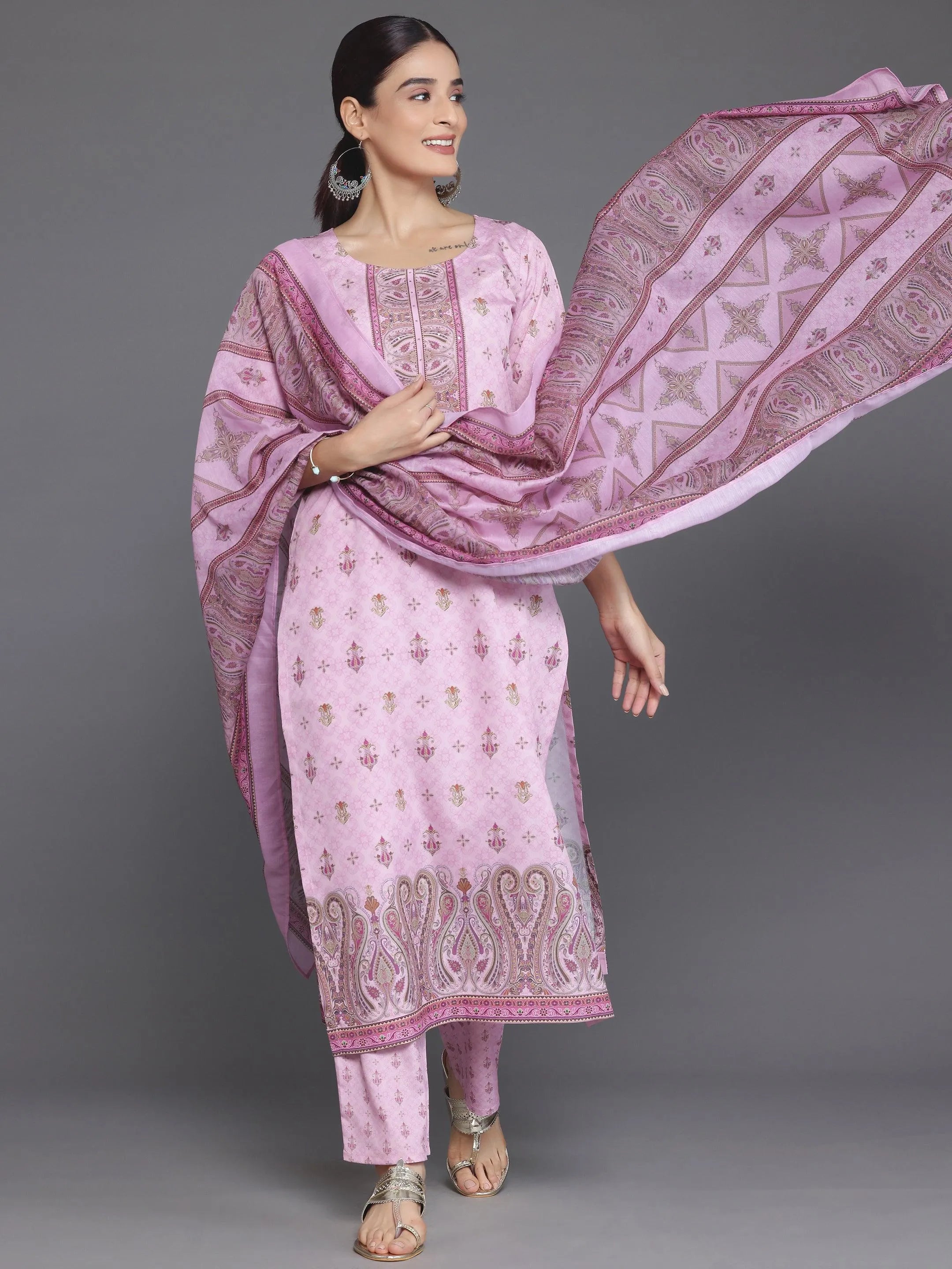 Pink Printed Poly Crepe Straight Suit With Dupatta
