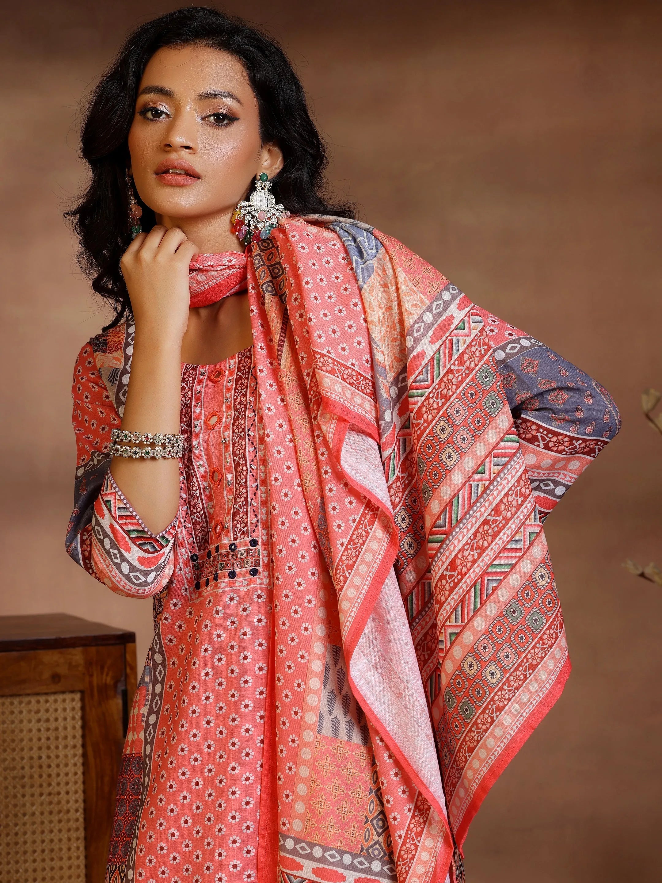 Multi Printed Linen Straight Suit With Dupatta