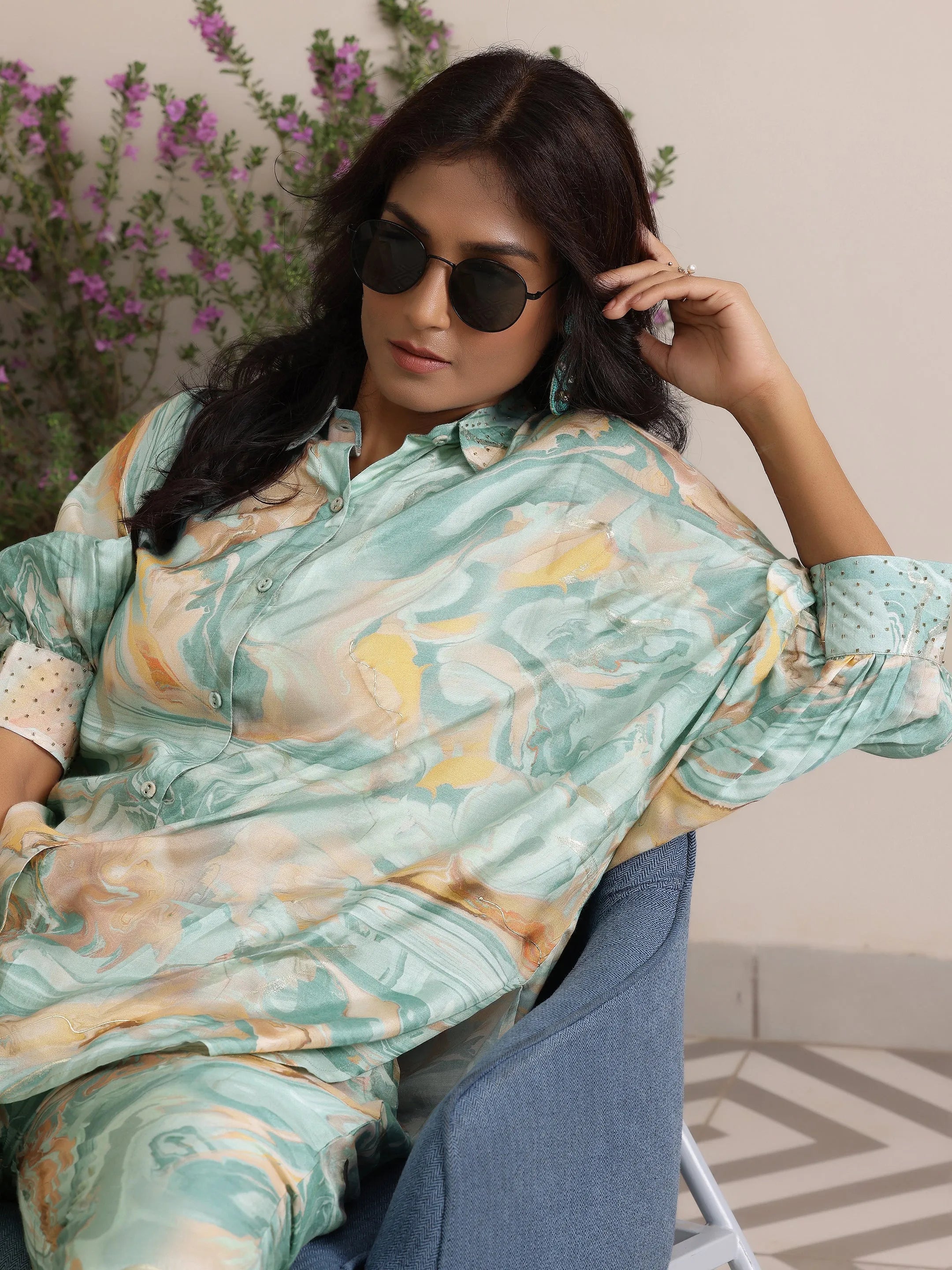 Blue Printed Silk Blend Co-Ords