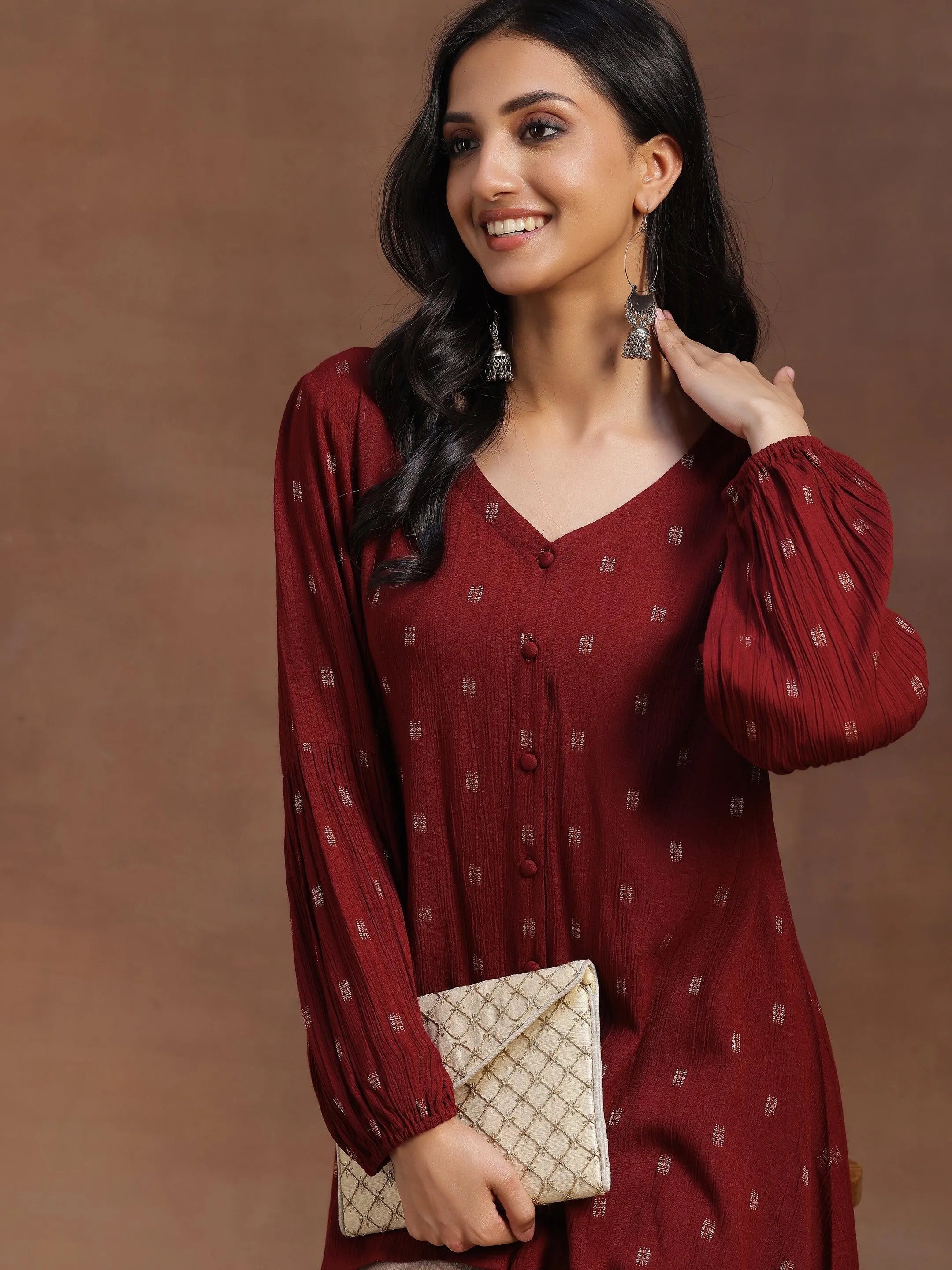 Maroon Woven Design Viscose Rayon A-line Kurti