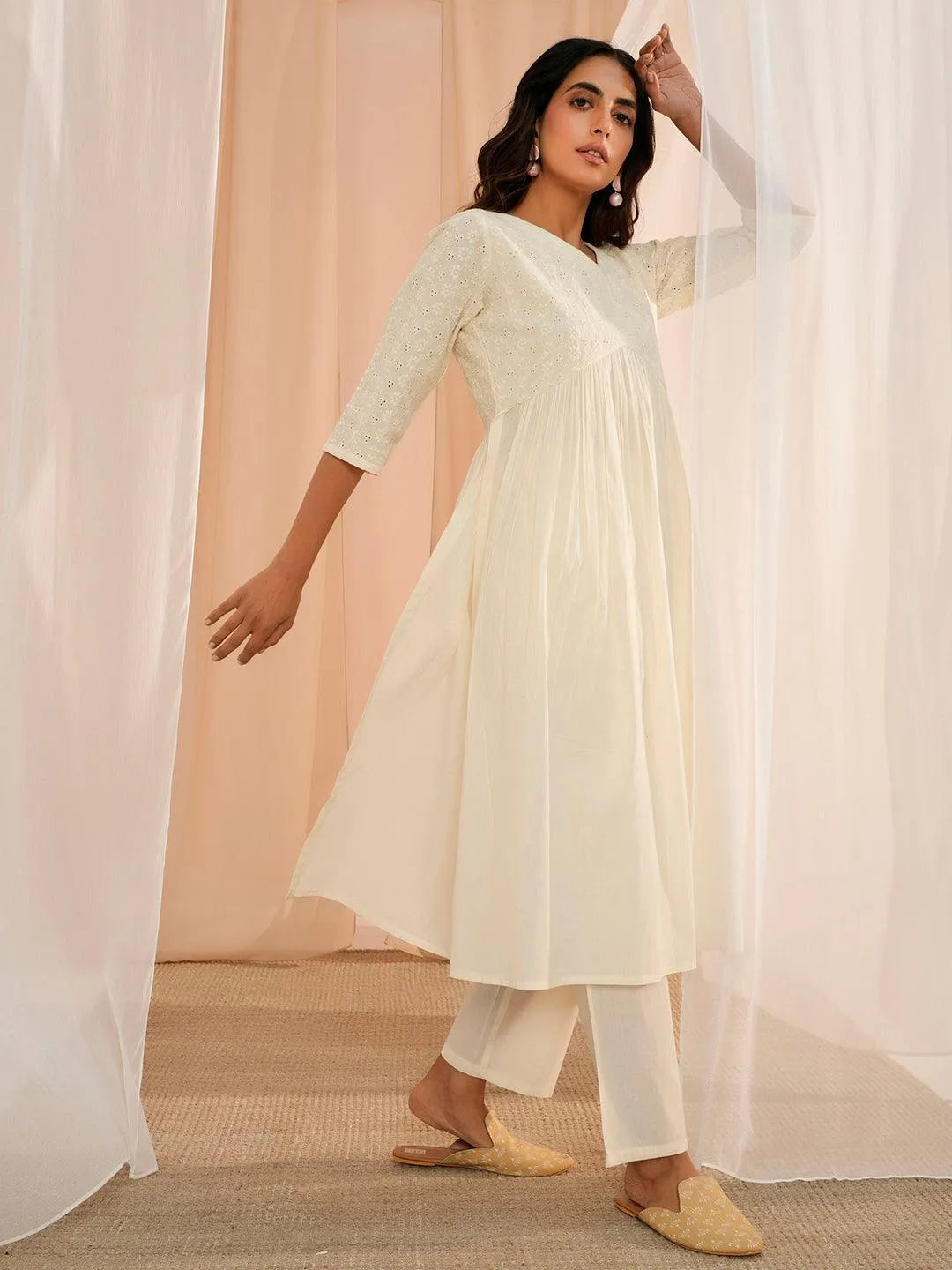 Off White Embroidered Cotton Straight Kurta Set