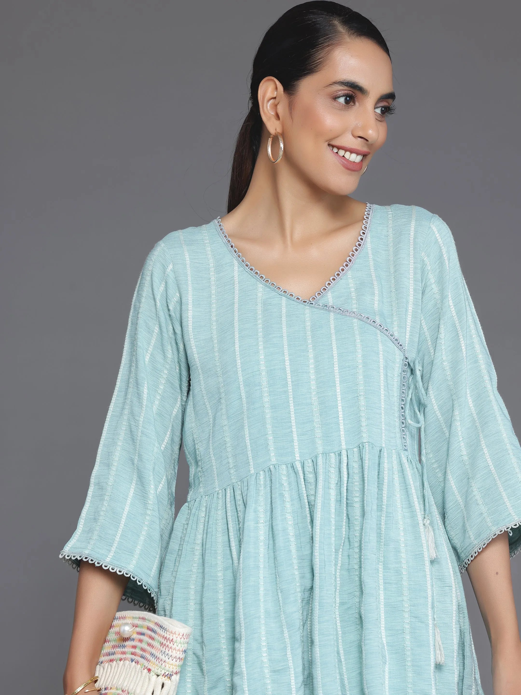 Blue Woven Design Cotton Blend A-Line Kurti