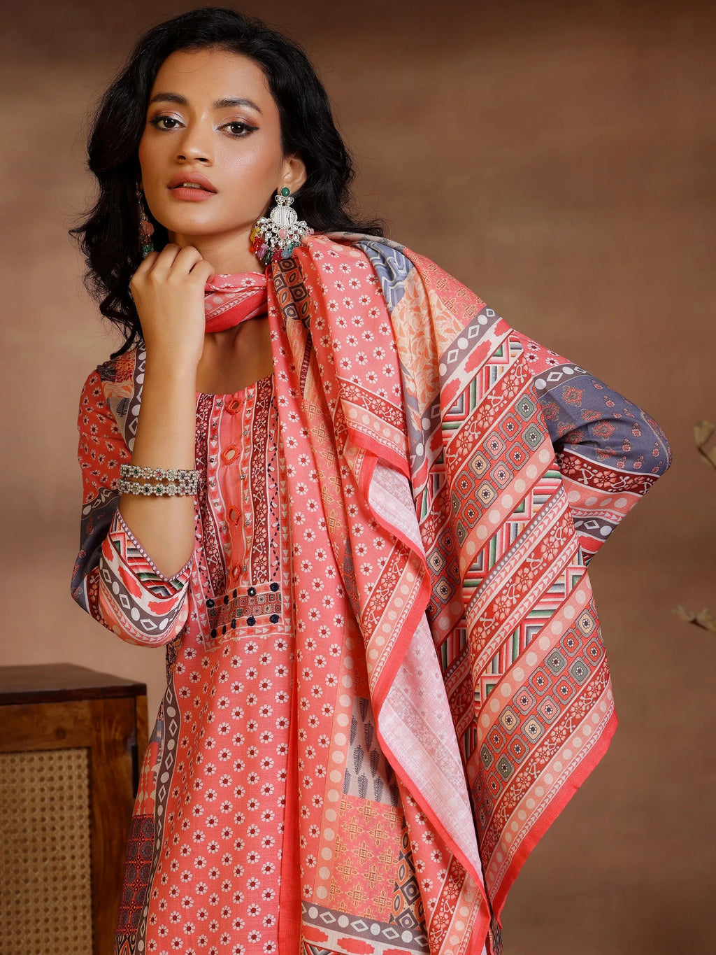 Multi Printed Linen Straight Suit With Dupatta