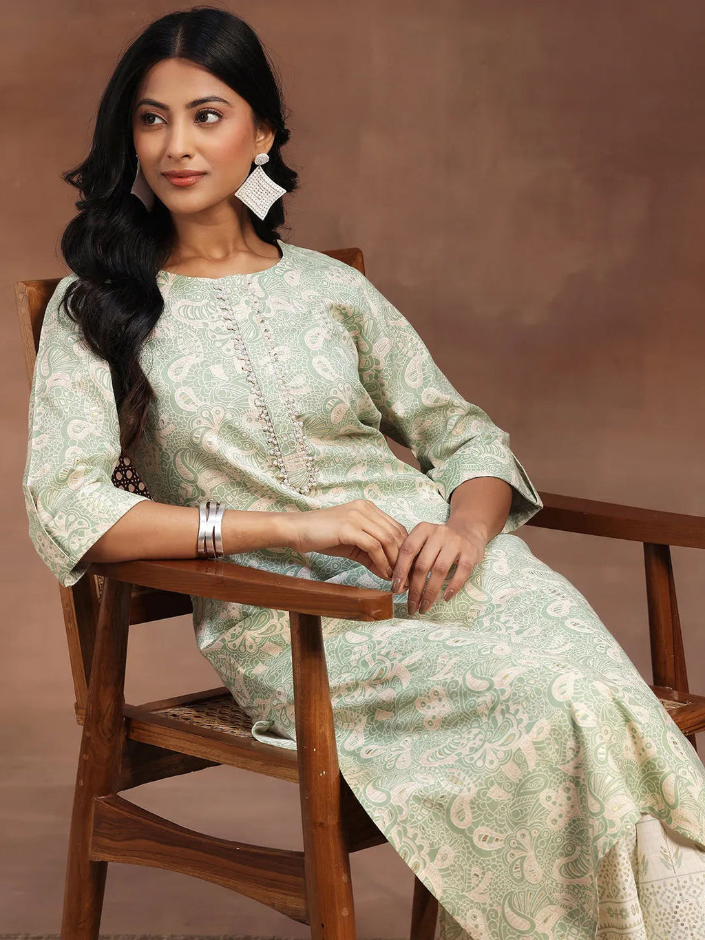 Green Printed Cotton Blend Straight Kurta With Palazzos