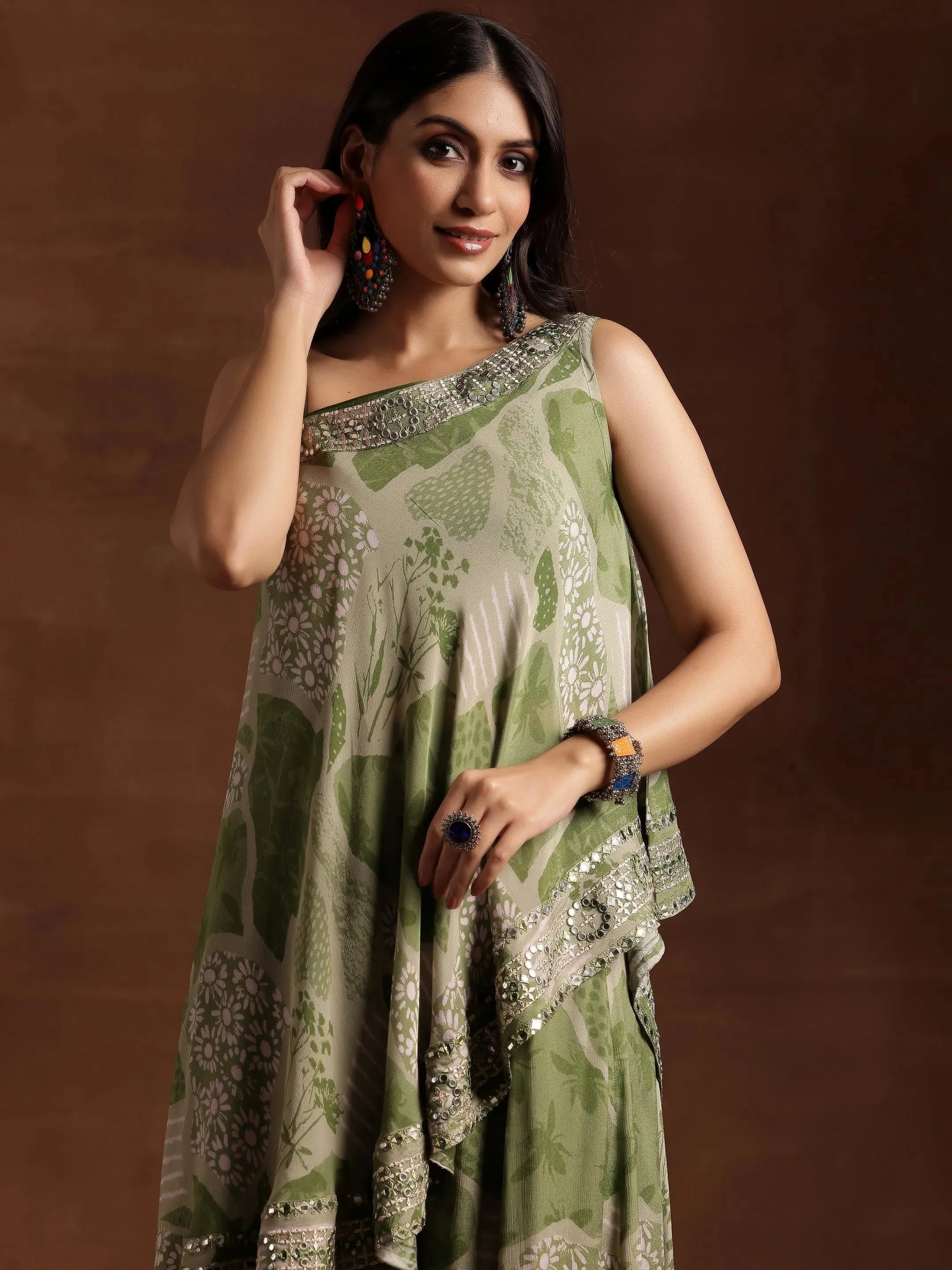 Green Printed Silk Blend Co-Ords