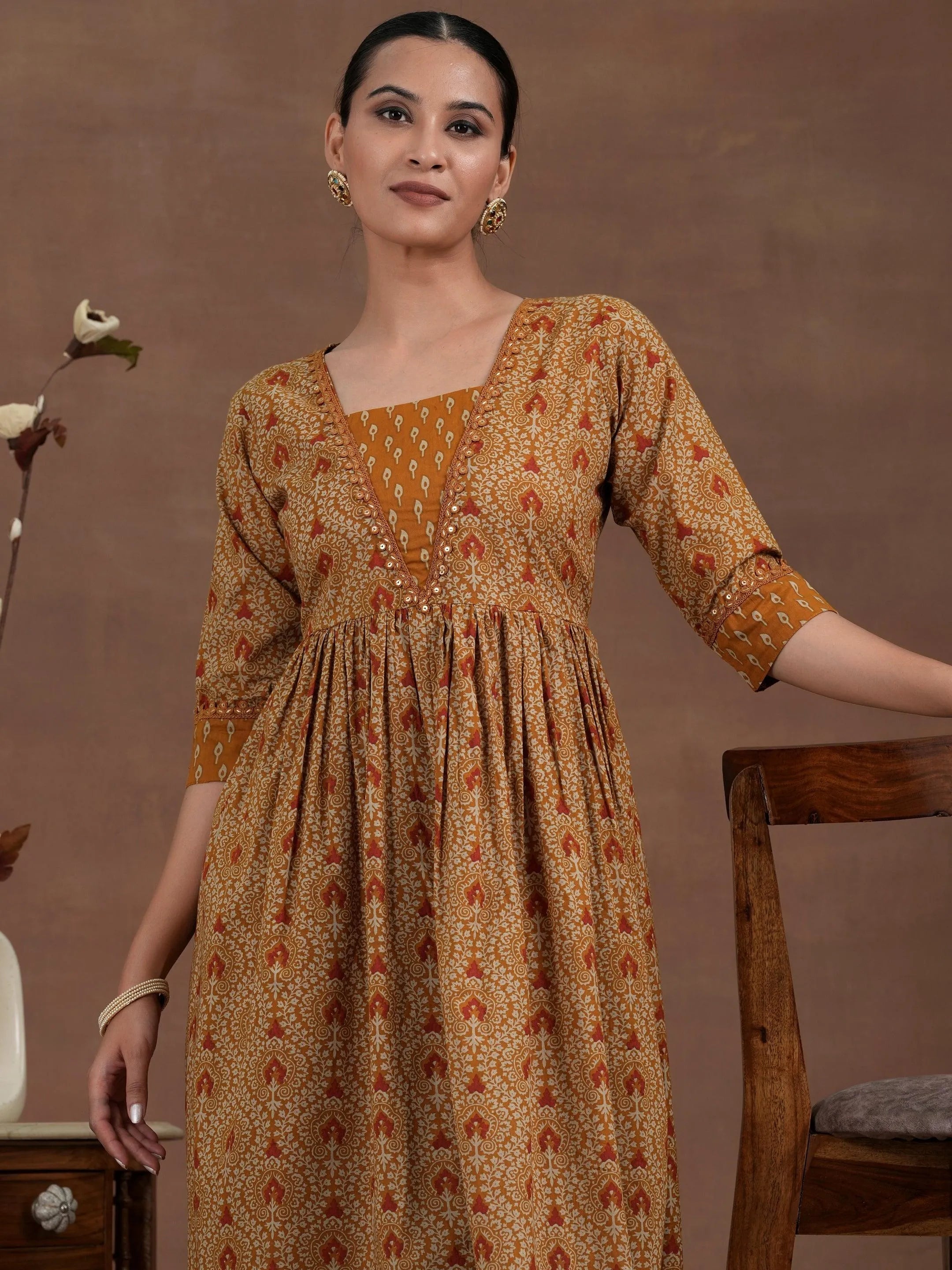 Mustard Printed Cotton A-Line Kurta With Palazzos