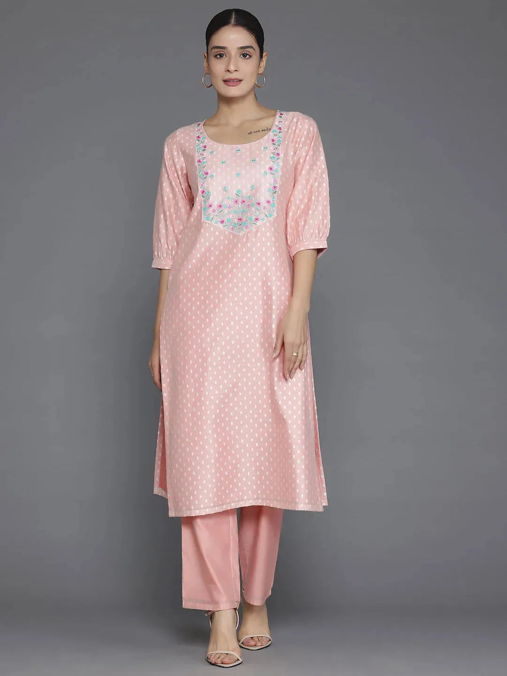 Peach Printed Chanderi Silk Straight Kurta Set