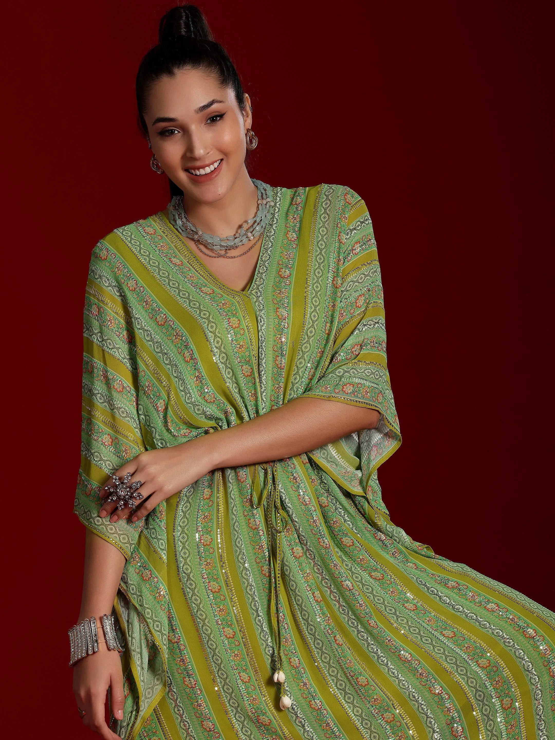 Libas Art Green Printed Poly Georgette 3 Piece Co-Ords