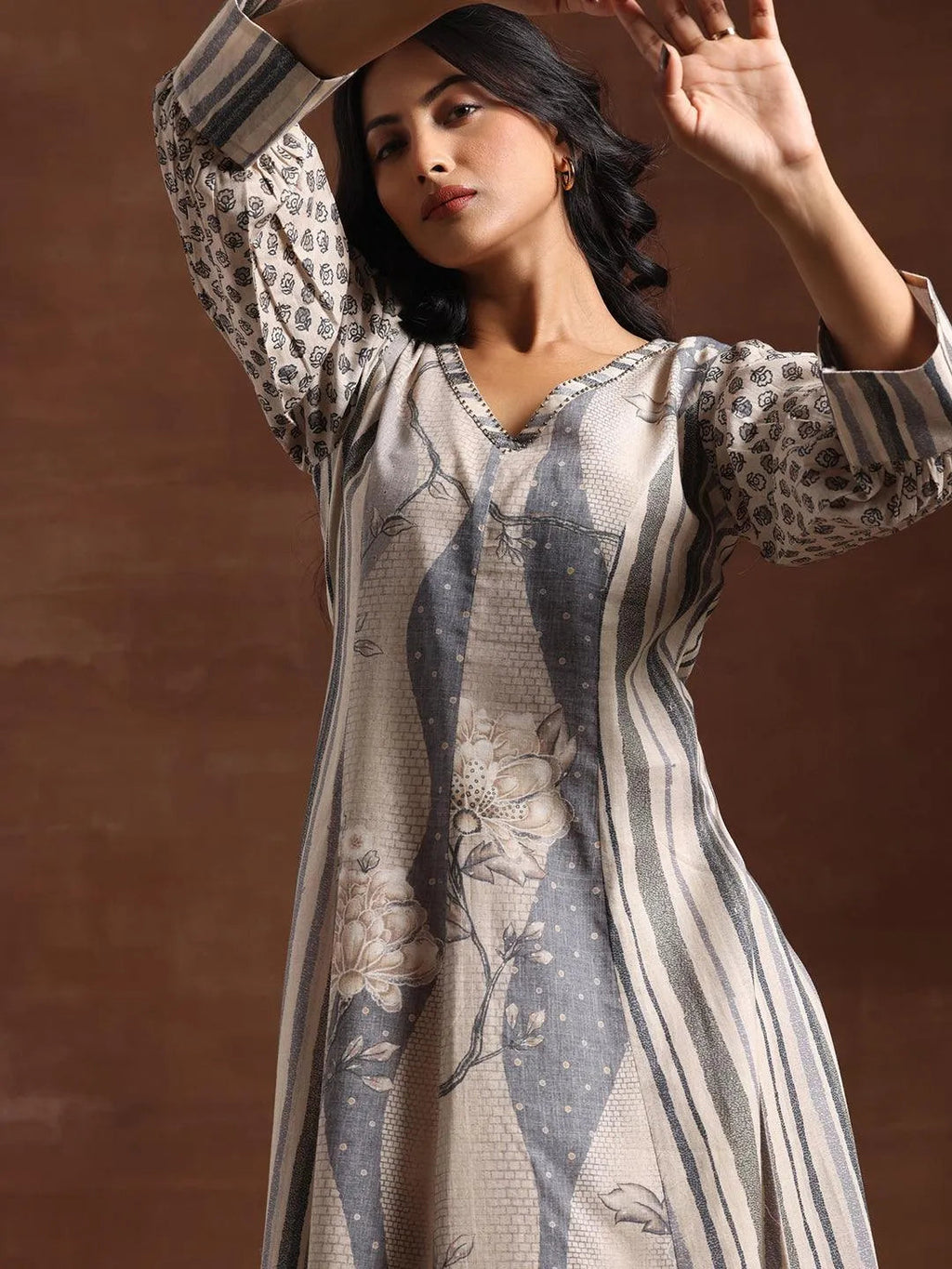 Off White Printed Cotton Blend A-Line Dress