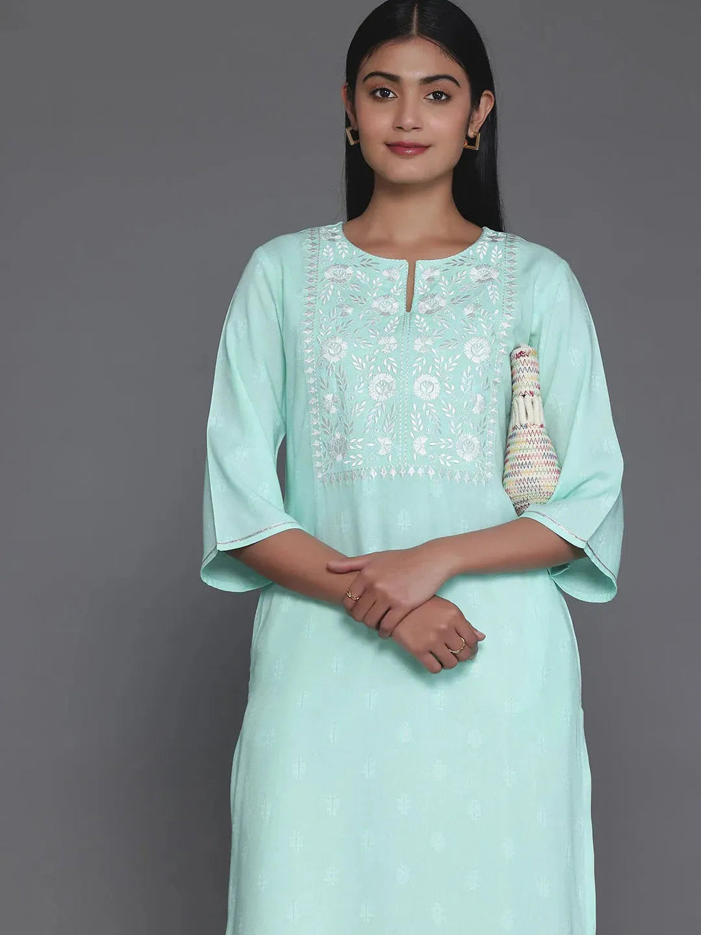 Light Blue Yoke Design Rayon Straight Kurta