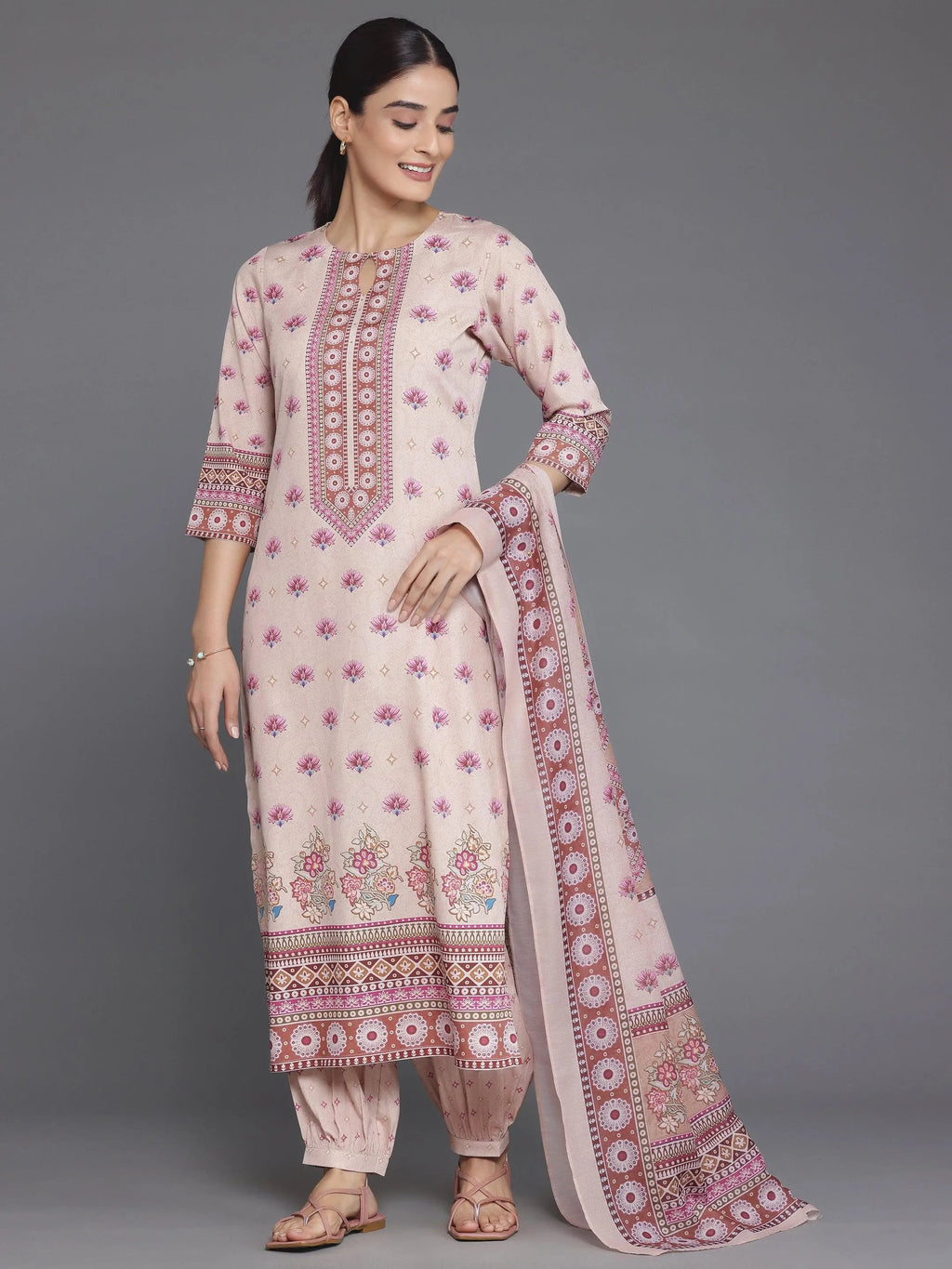 Peach Printed Poly Crepe Straight Suit With Dupatta
