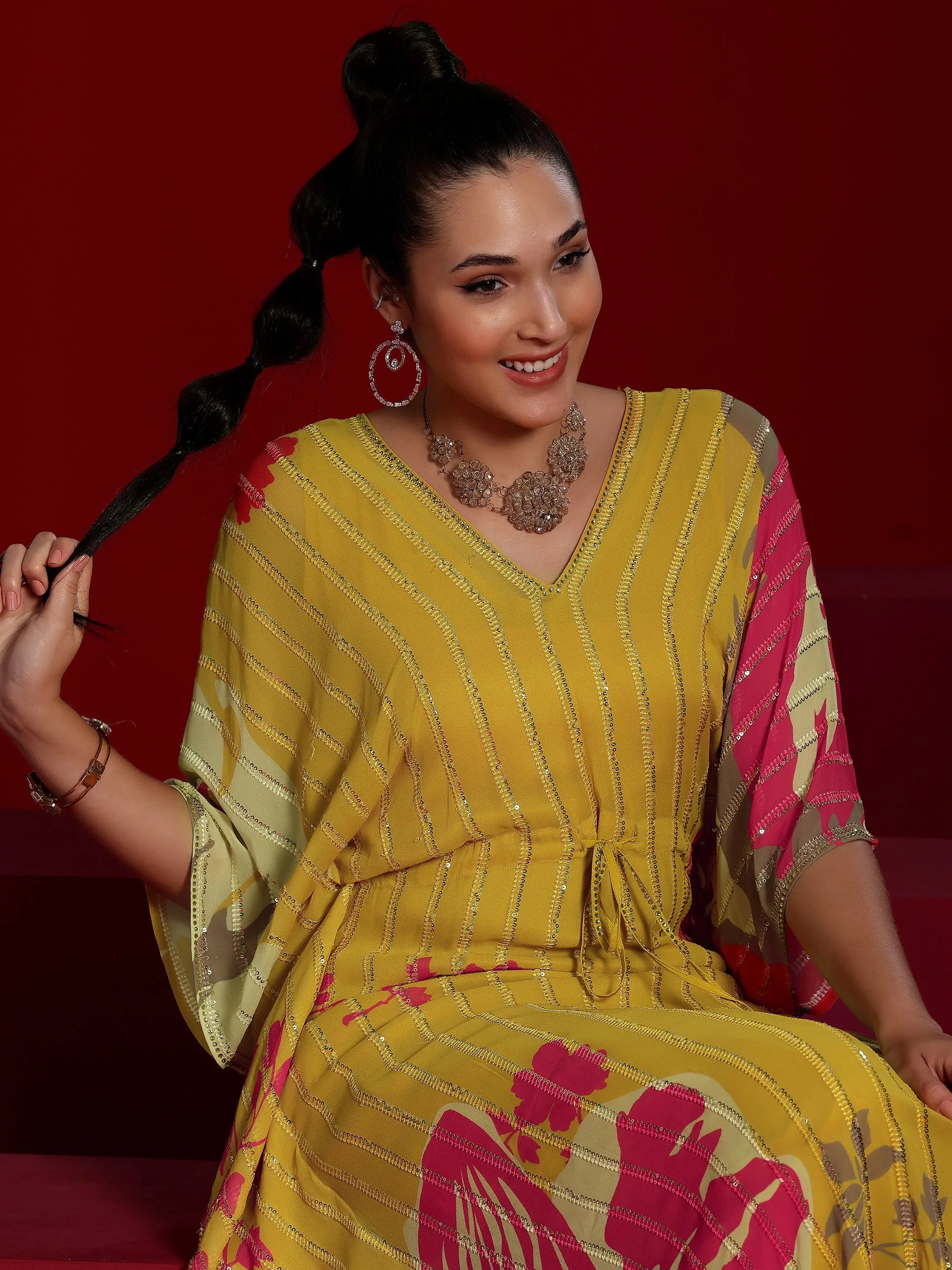 Libas Art Yellow Printed Poly Georgette 3 Piece Co-Ords