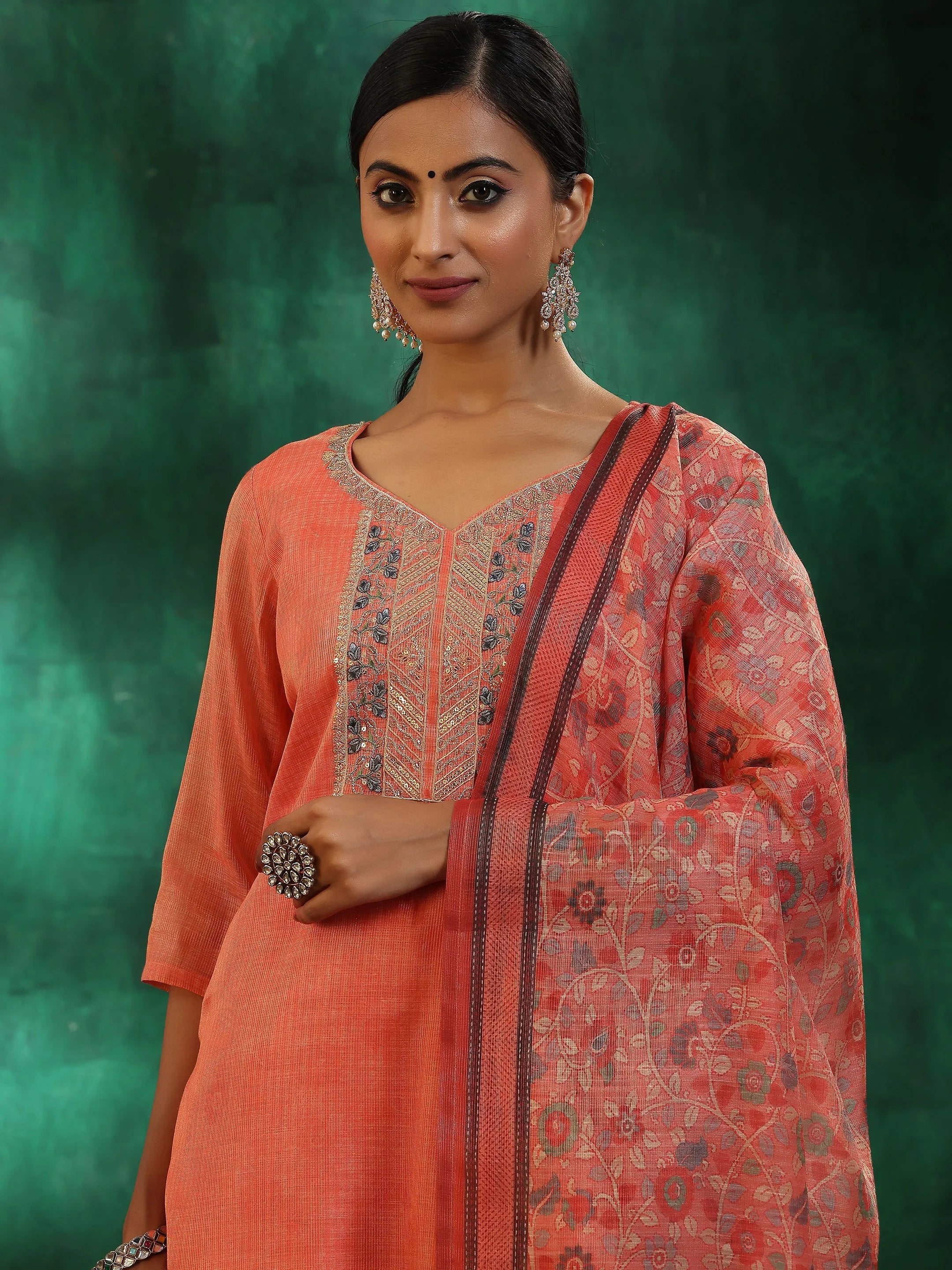 Peach Yoke Design Silk Blend Straight Suit With Dupatta