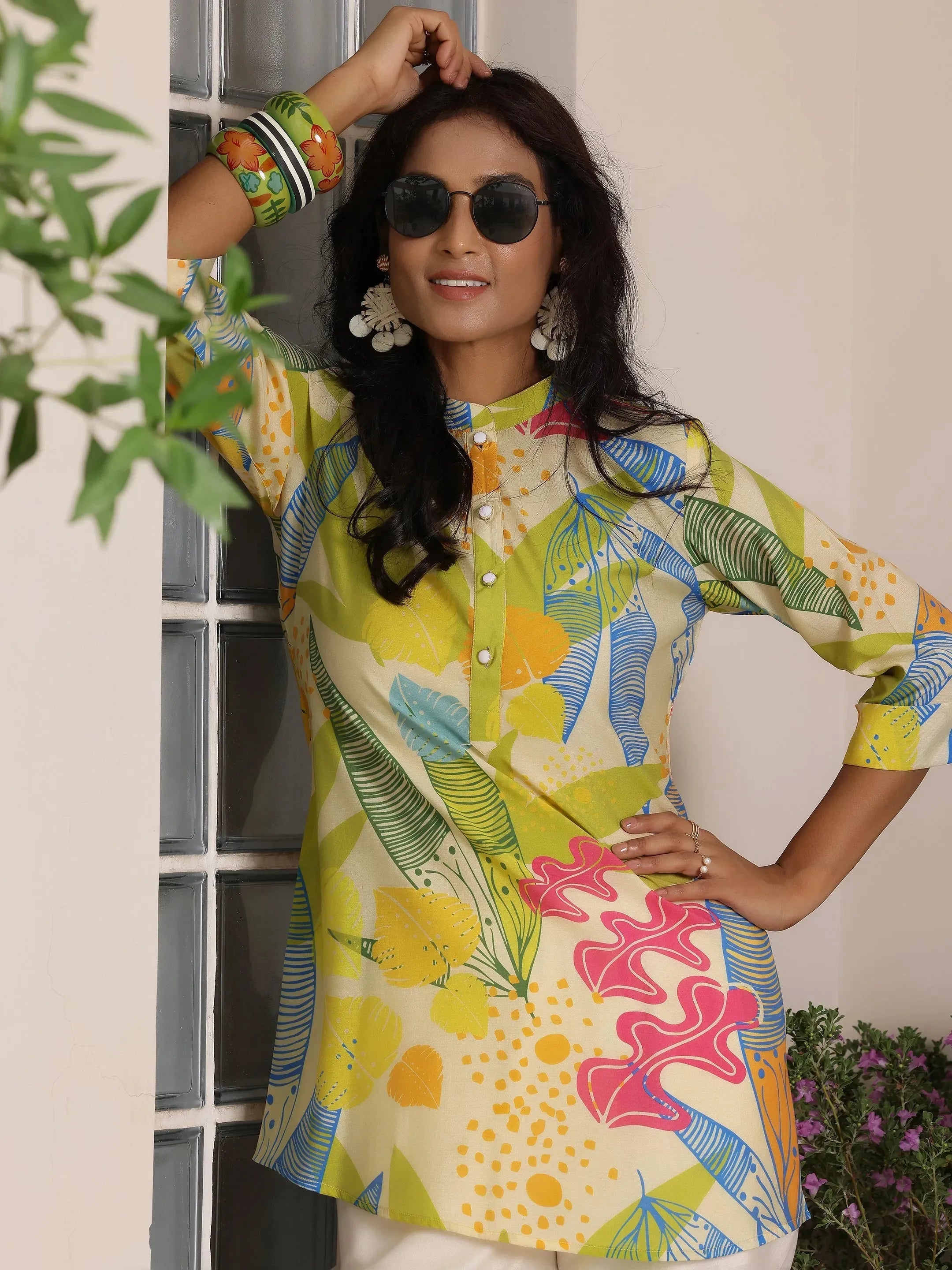 Cream Printed Silk Blend Straight Kurti