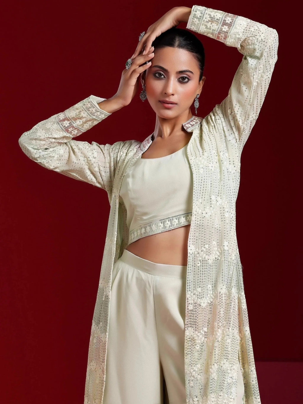 Libas Art Sea Green Solid Georgette 3 Piece Co-Ords