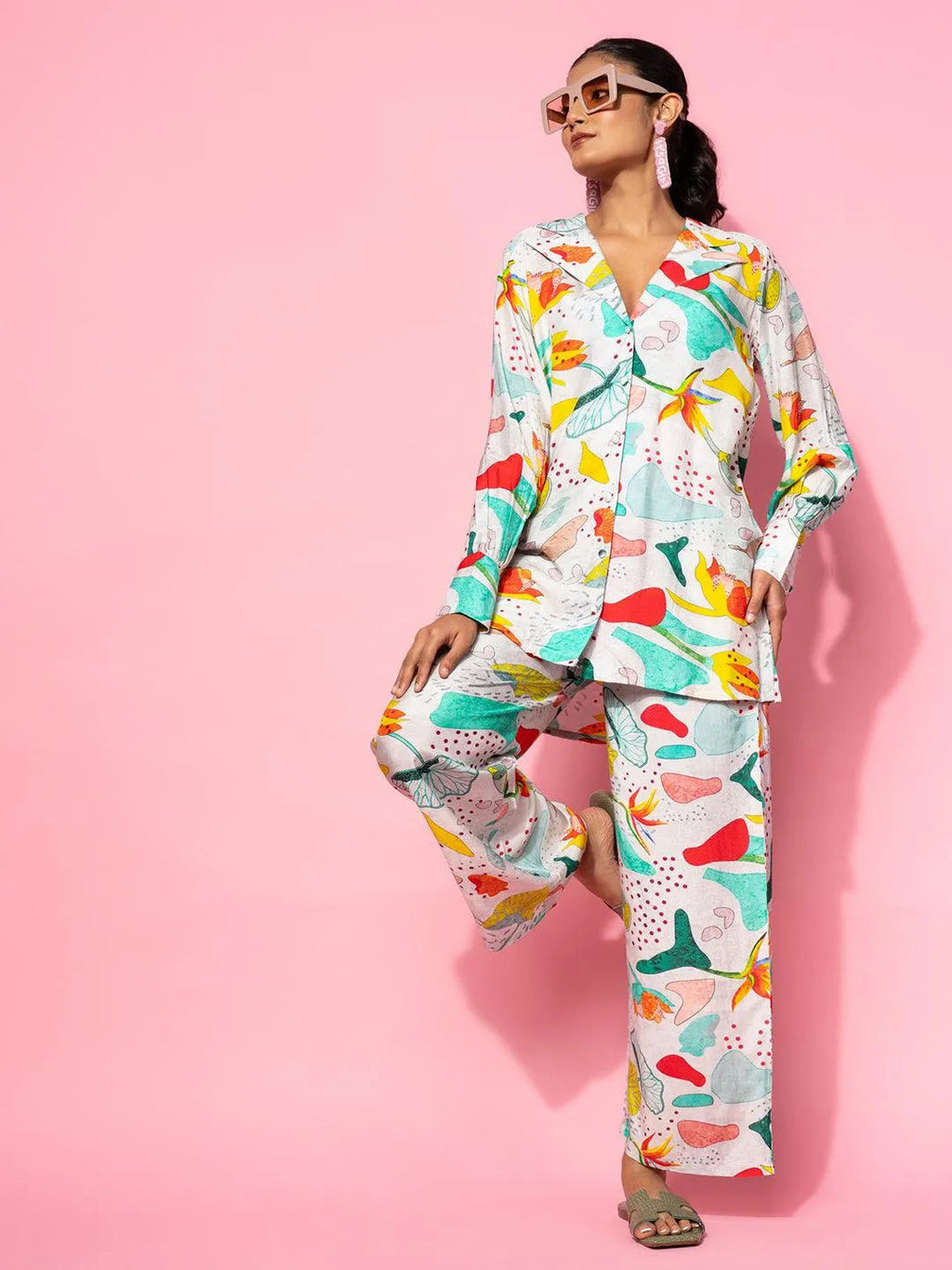 Grey Printed Silk Blend Co-Ords