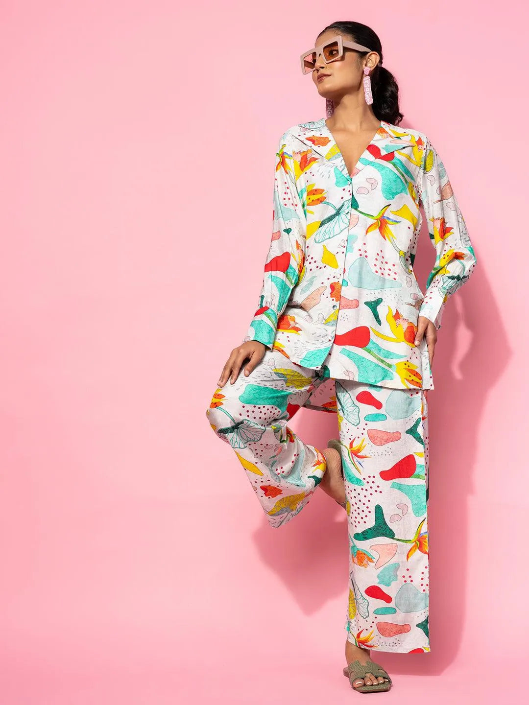 Grey Printed Silk Blend Co-Ords