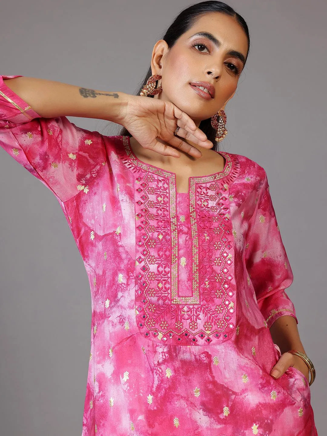 Pink Yoke Design Silk Straight Kurta - Libas