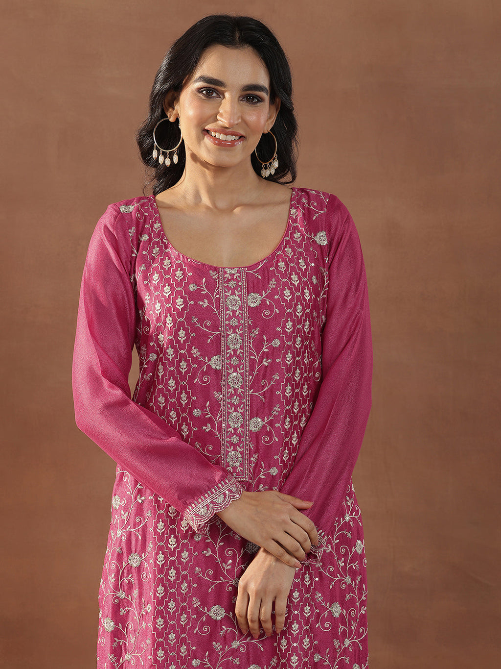 Pink Embroidered Silk Blend Straight Suits With Dupatta