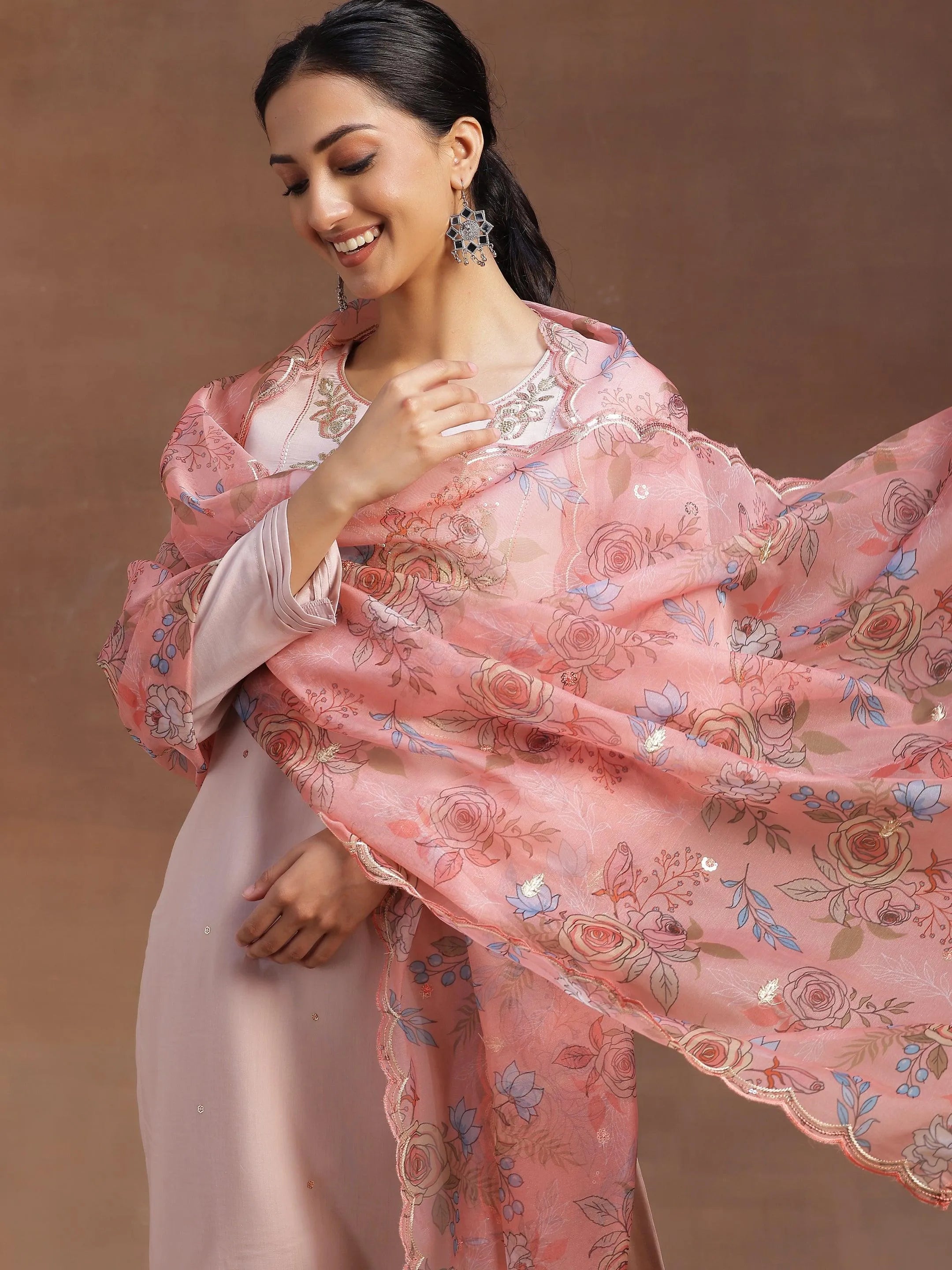 Peach Yoke Design Silk Blend Straight Suit With Dupatta