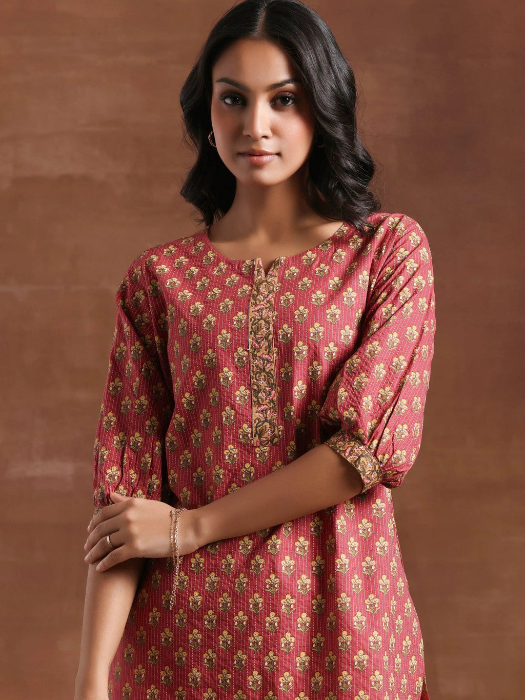 Pink Printed Cotton Straight Kurti
