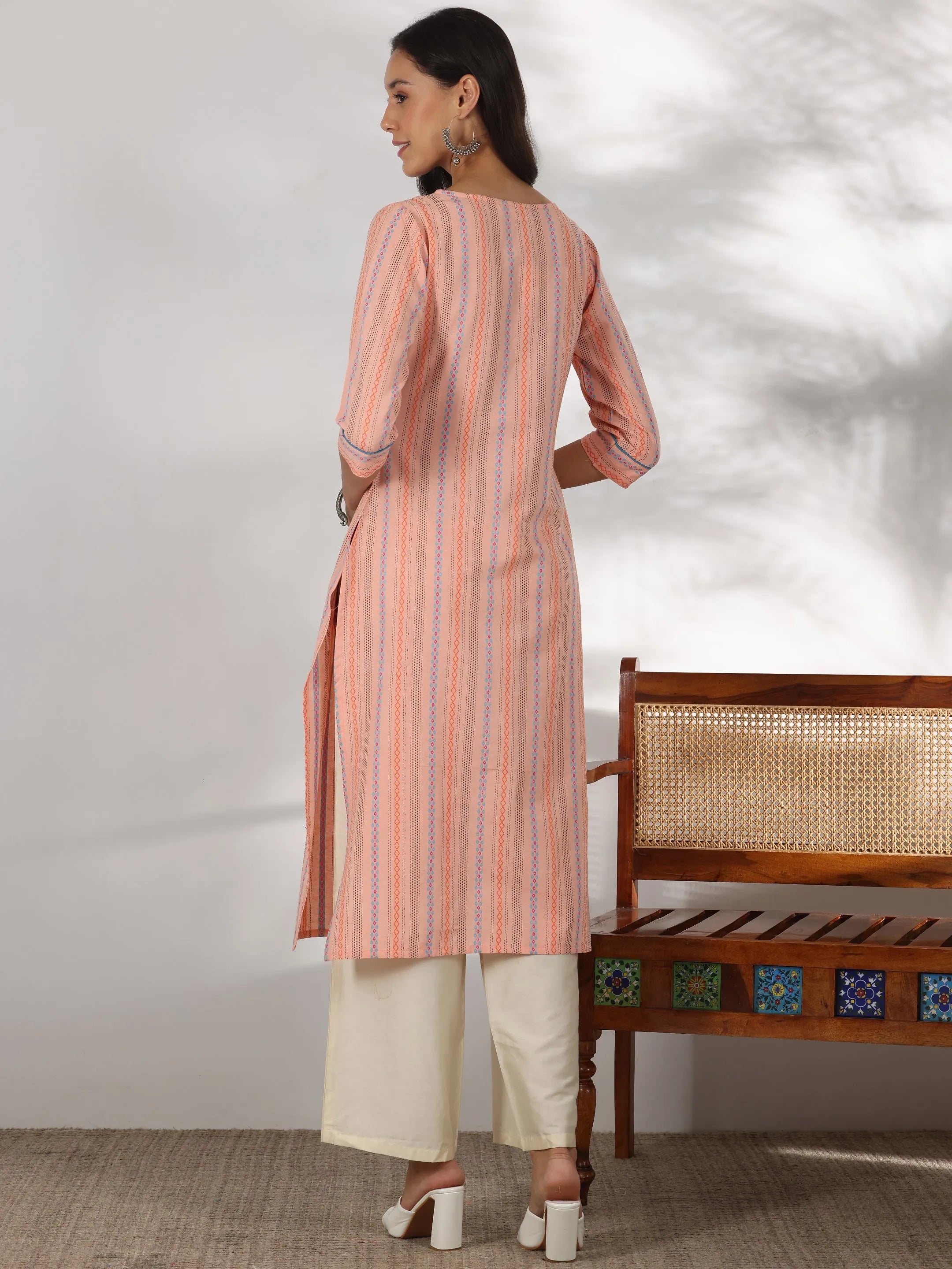 Peach Woven Design Cotton Straight Kurta