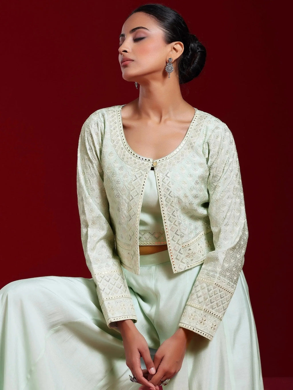 Libas Art Sea Green Solid Silk Blend 3 Piece Co-Ords