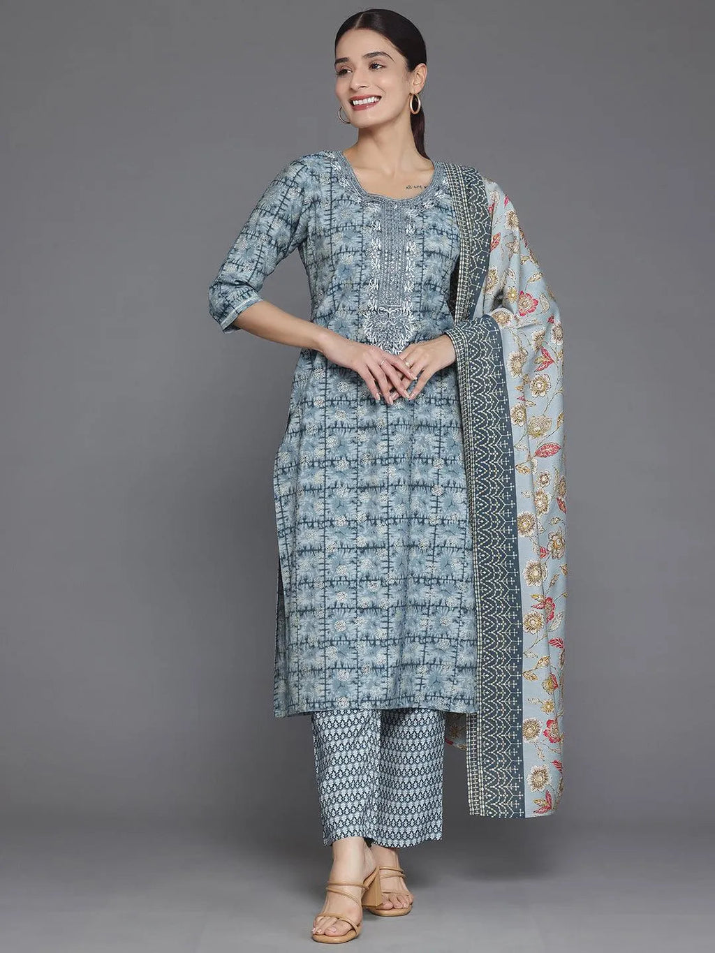 Grey Printed Silk Blend Straight Suit With Dupatta