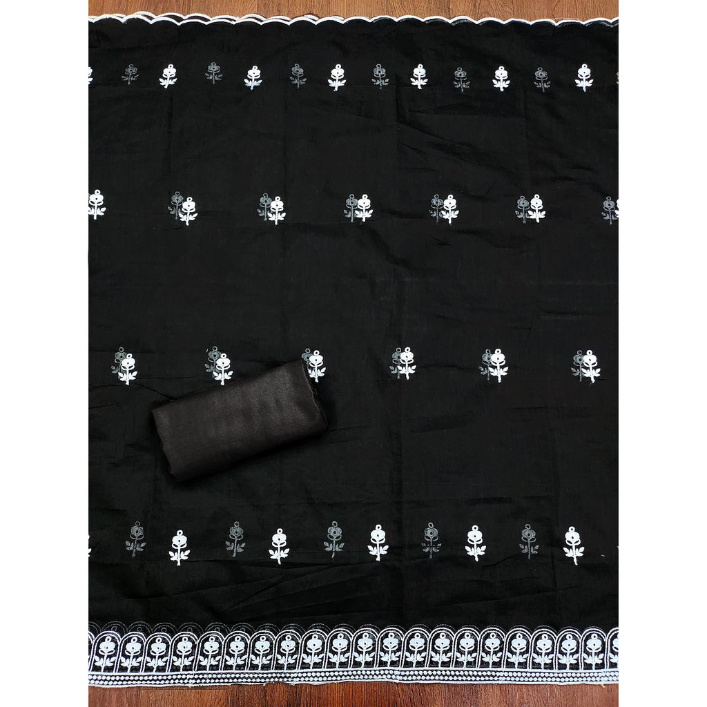 Black Floral Embroidered Chanderi Cotton Dress Material