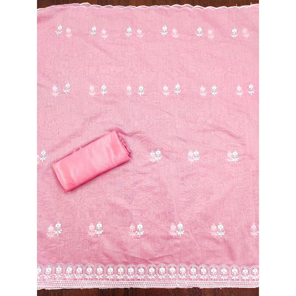 Baby Pink Floral Embroidered Chanderi Cotton Dress Material
