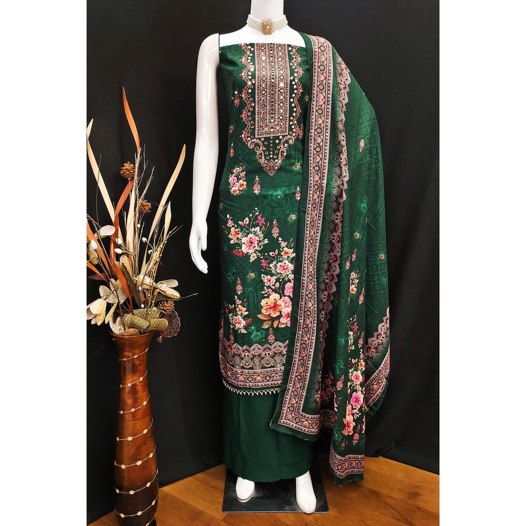 Green Muslin Suit Fabric Featuring Floral Print & Stone Highlights