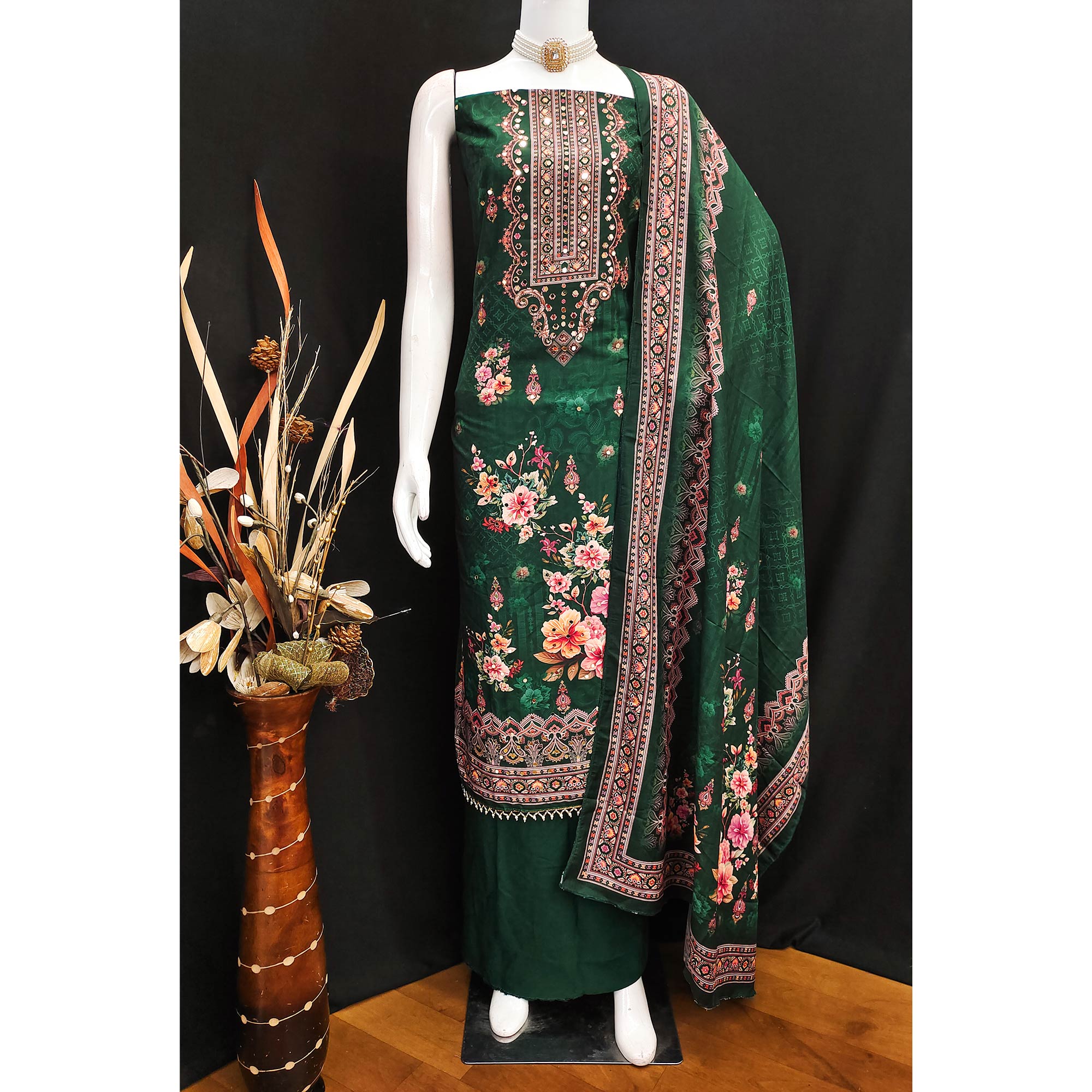 Green Muslin Suit Fabric Featuring Floral Print & Stone Highlights