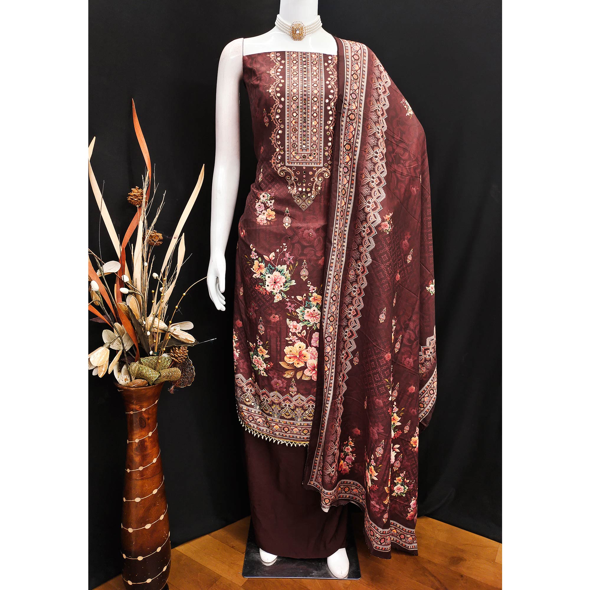 Maroon Muslin Suit Fabric Featuring Floral Print & Stone Highlights